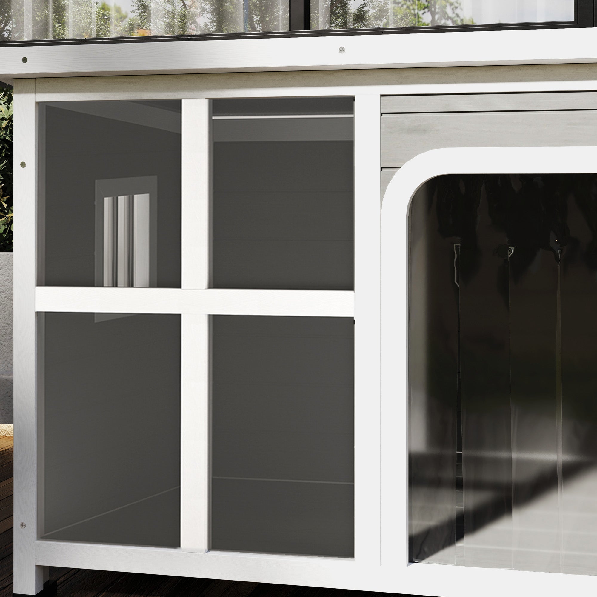 PawHut Dog Kennel Outdoor, Wooden Dog House with Asphalt Openable Top, Removable Floor, Clear Front Panel, Curtain, Windows, Dog Shelter for Small Medium Dogs, 90 x 62 x 71cm, Light Grey