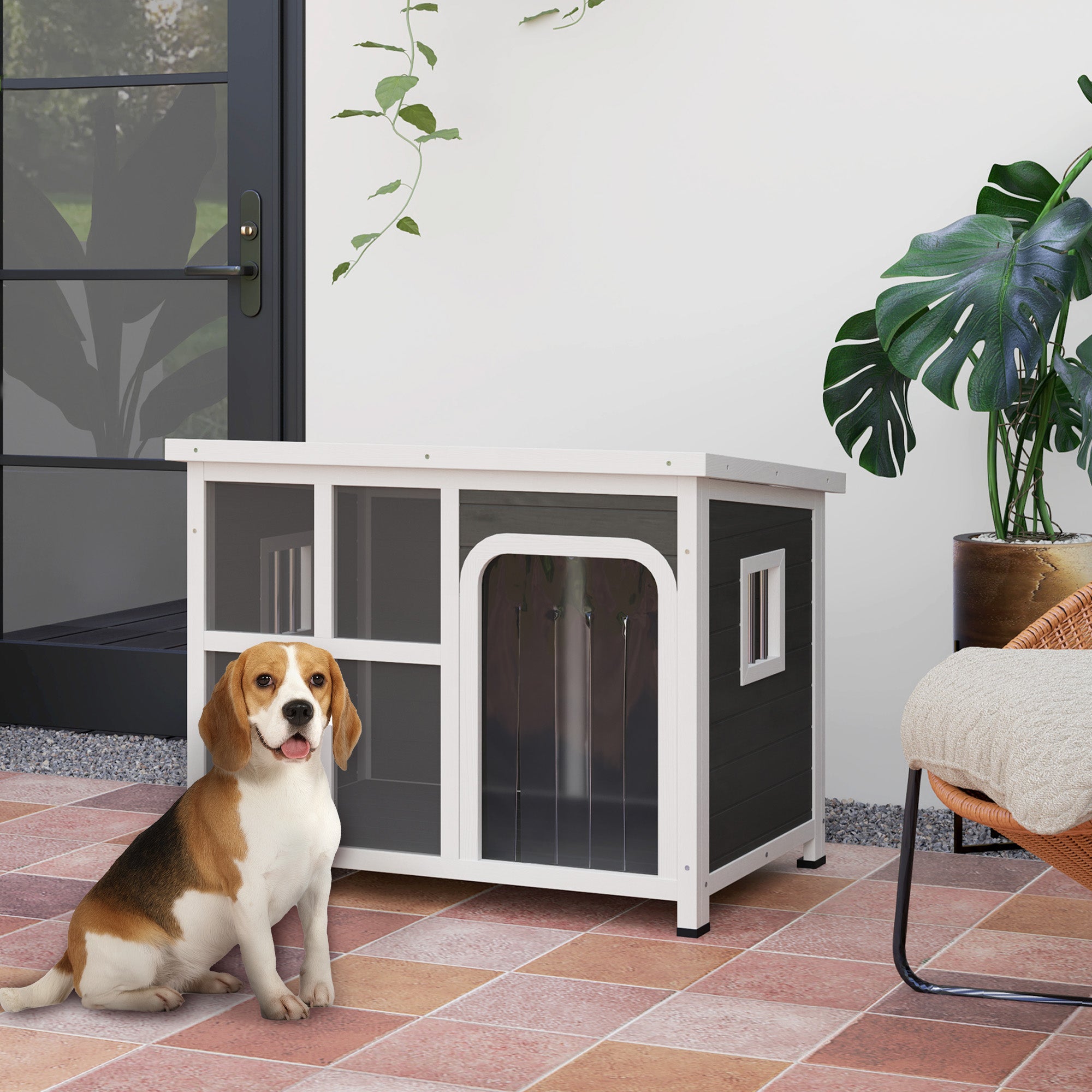 PawHut Dog Kennel Outdoor, Wooden Dog House with Asphalt Openable Top, Removable Floor, Clear Front Panel, Curtain, Windows, Dog Shelter for Small Medium Dogs, 90 x 62 x 71cm, Light Grey
