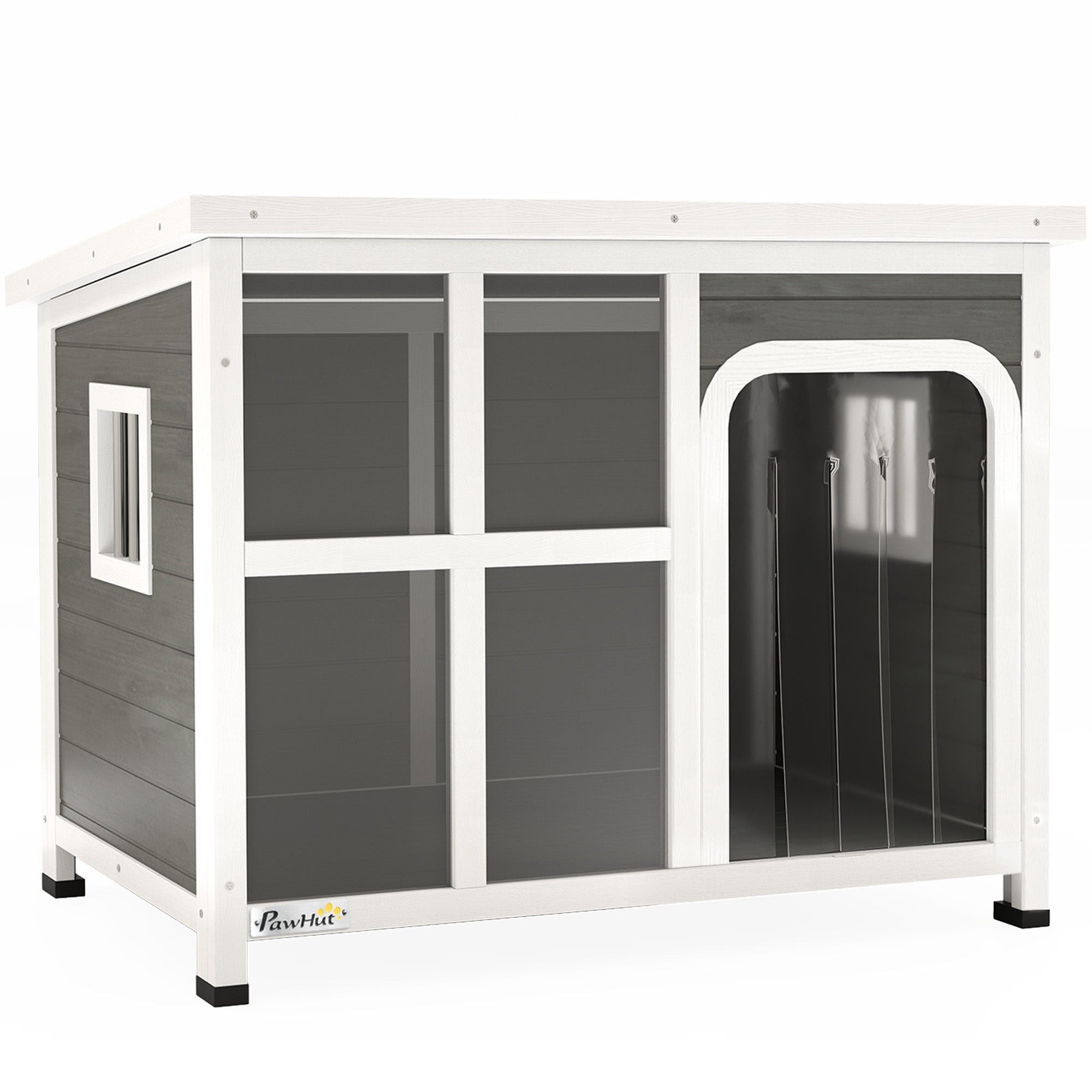 PawHut Dog Kennel Outdoor, Wooden Dog House with Asphalt Openable Top, Removable Floor, Clear Front Panel, Curtain, Windows, Dog Shelter for Small Medium Dogs, 90 x 62 x 71cm, Light Grey