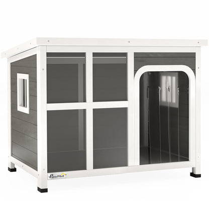 PawHut Dog Kennel Outdoor, Wooden Dog House with Asphalt Openable Top, Removable Floor, Clear Front Panel, Curtain, Windows, Dog Shelter for Small Medium Dogs, 90 x 62 x 71cm, Light Grey