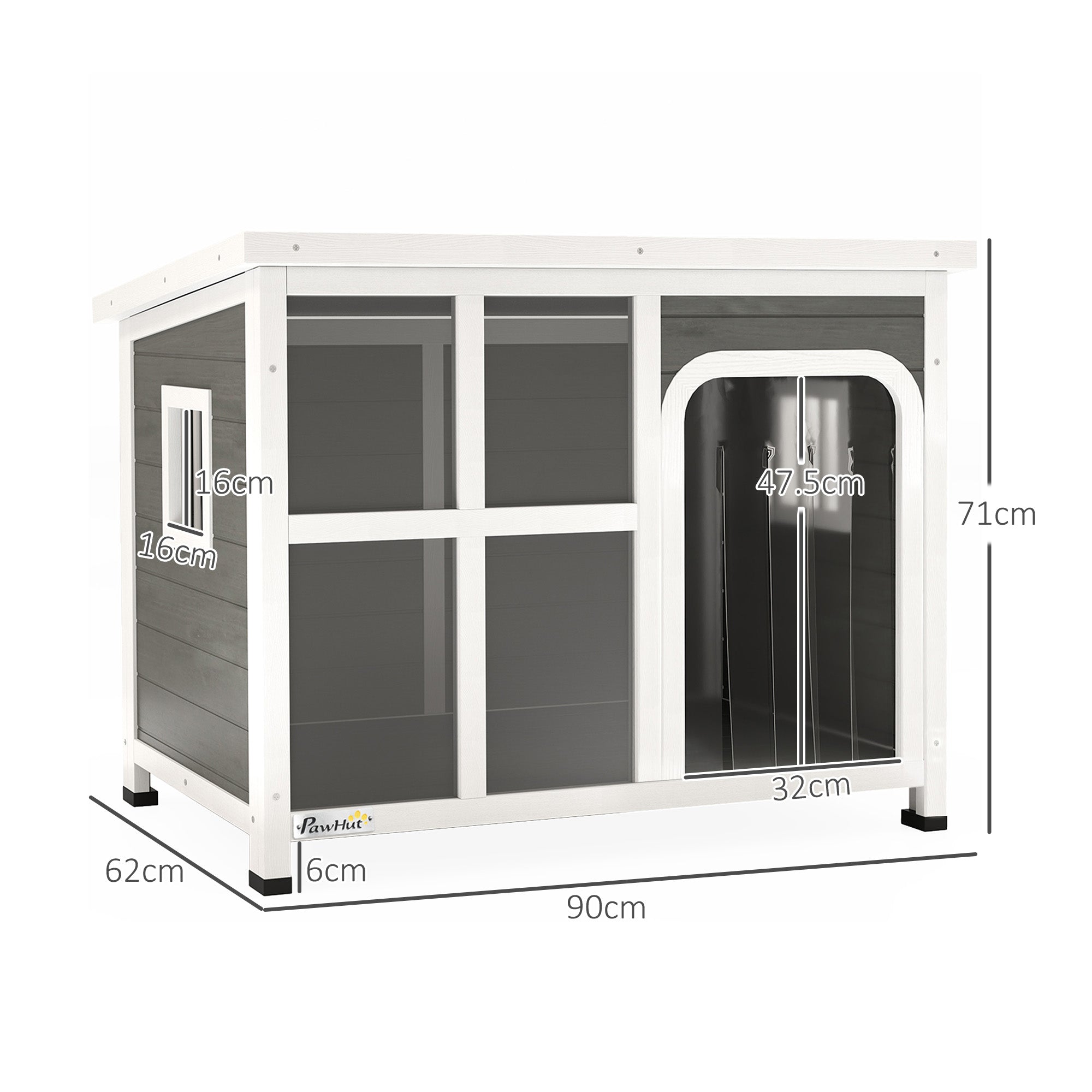 PawHut Dog Kennel Outdoor, Wooden Dog House with Asphalt Openable Top, Removable Floor, Clear Front Panel, Curtain, Windows, Dog Shelter for Small Medium Dogs, 90 x 62 x 71cm, Light Grey