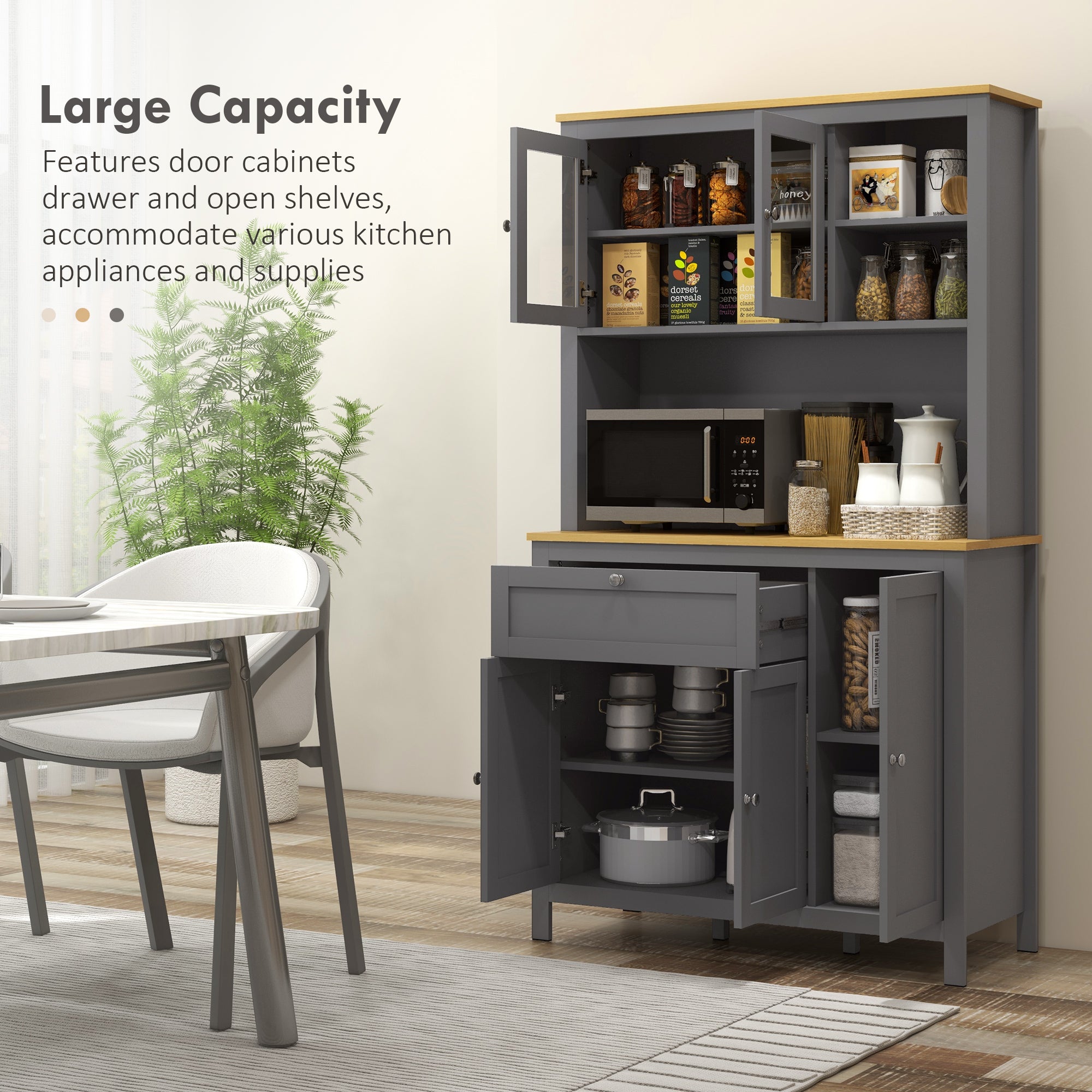 HOMCOM 71" Kitchen Pantry, 5-Door Storage Cabinet, Freestanding Tall Cabinet with Adjustable Shelves, Drawer, Glass Door, Cable Management, Grey