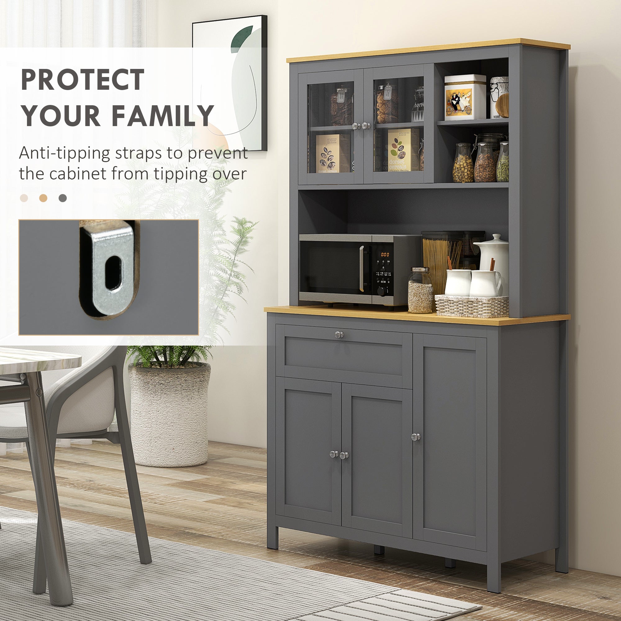 HOMCOM 71" Kitchen Pantry, 5-Door Storage Cabinet, Freestanding Tall Cabinet with Adjustable Shelves, Drawer, Glass Door, Cable Management, Grey