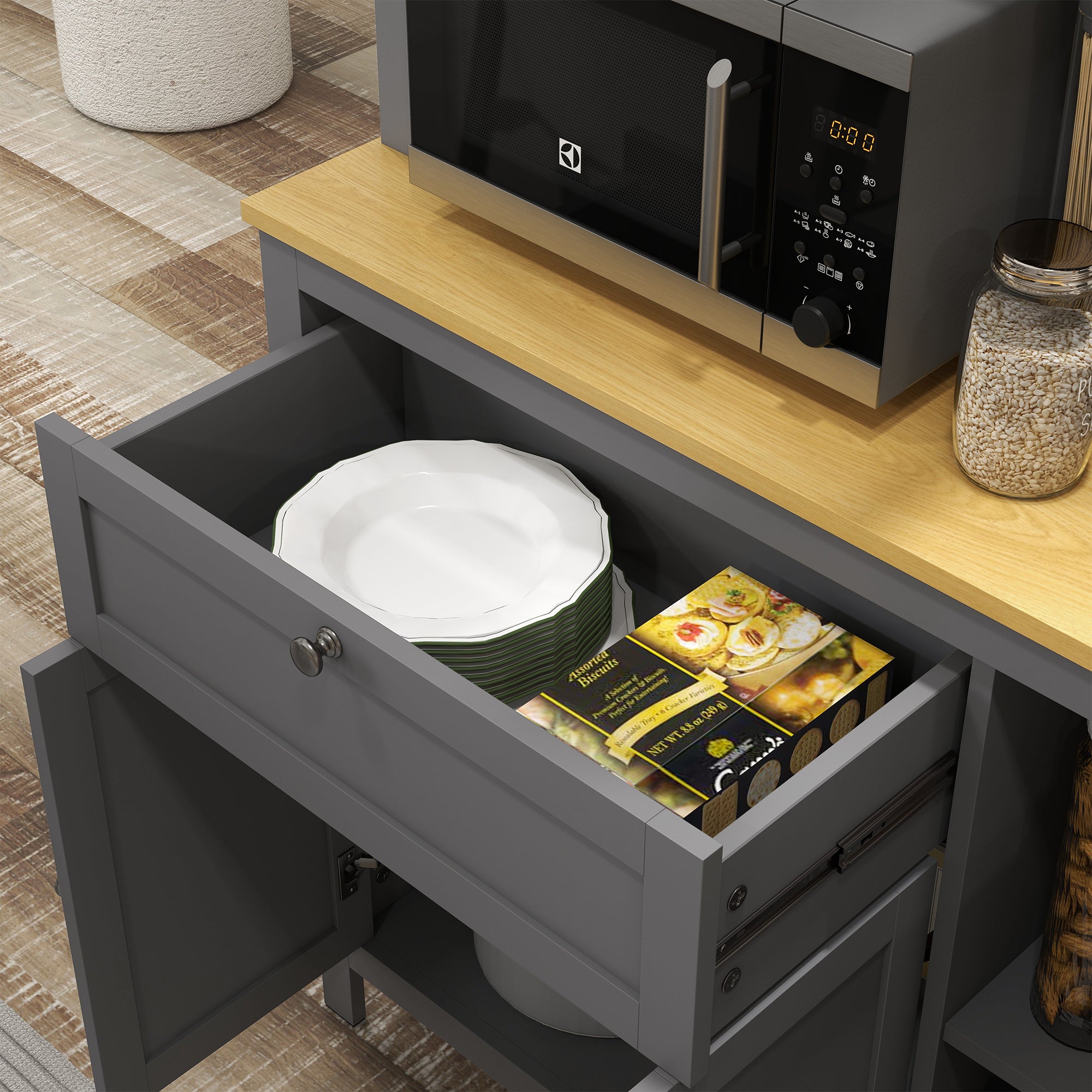 HOMCOM 71" Kitchen Pantry, 5-Door Storage Cabinet, Freestanding Tall Cabinet with Adjustable Shelves, Drawer, Glass Door, Cable Management, Grey