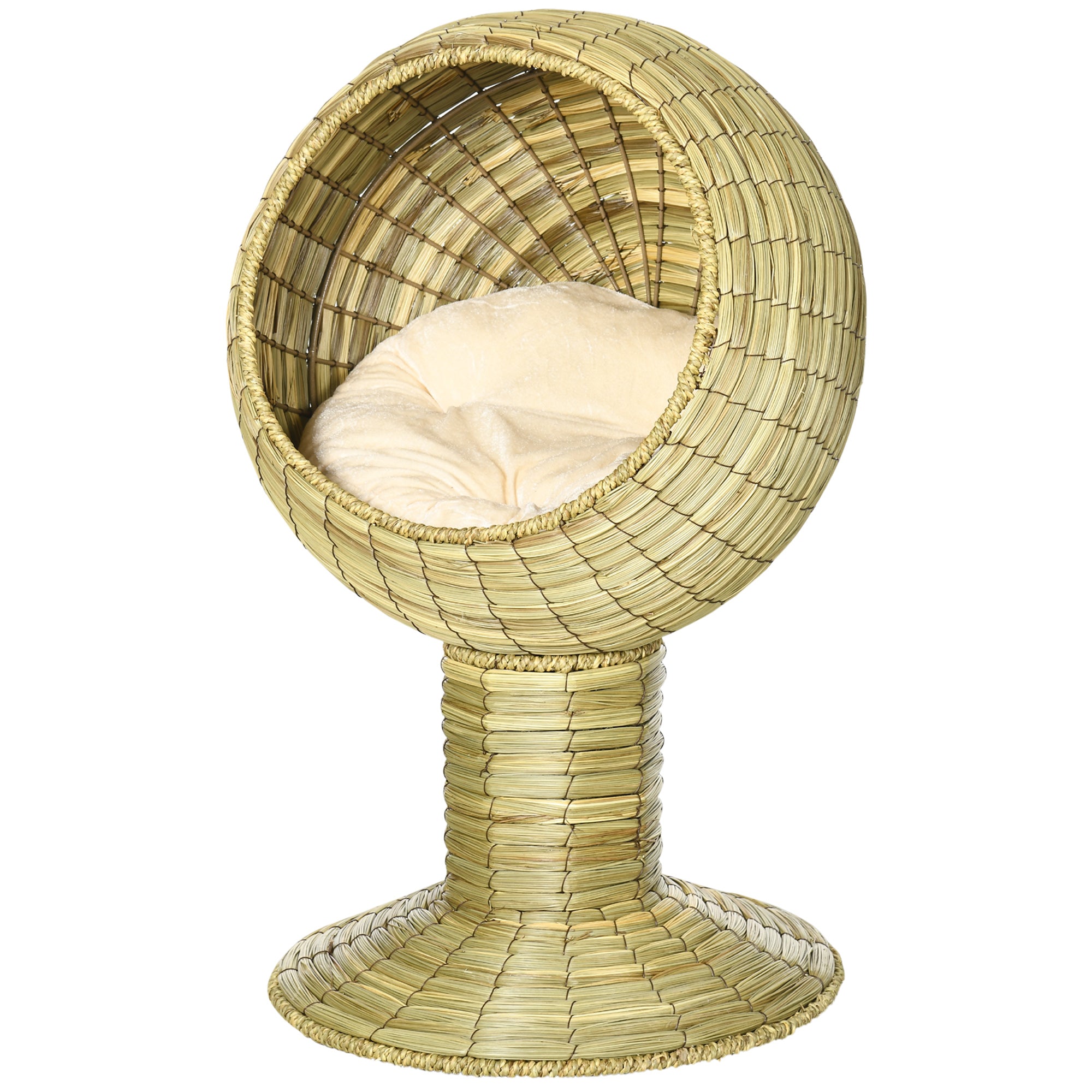 PawHut Elevated Cat Bed with Rotatable Egg Chair Pod, Cat Basket Bed with Thick Cushion, Natural Mat Grass Woven Kitty House, Yellow