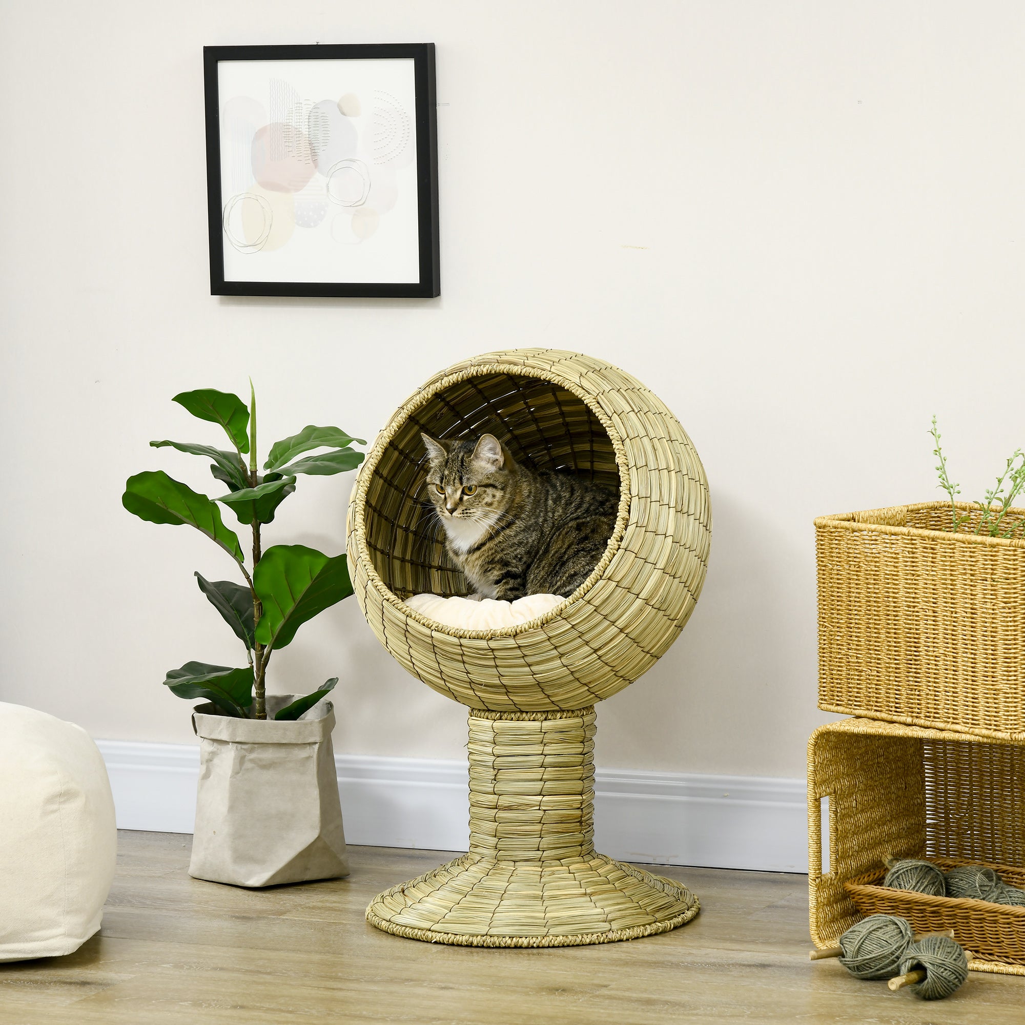 PawHut Elevated Cat Bed with Rotatable Egg Chair Pod, Cat Basket Bed with Thick Cushion, Natural Mat Grass Woven Kitty House, Yellow