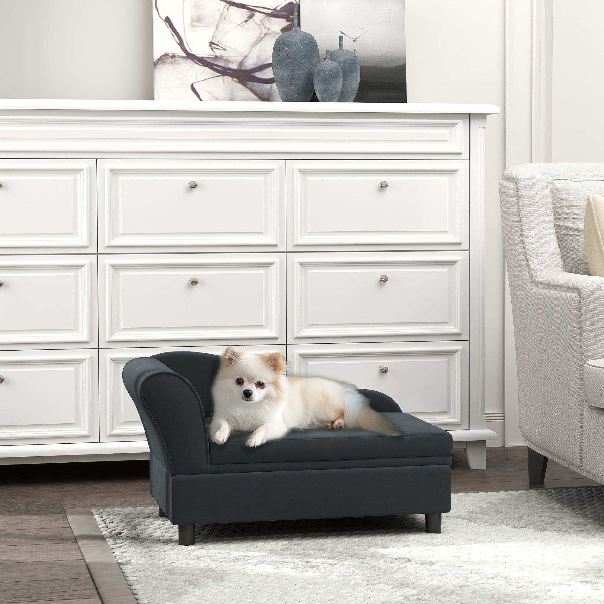 PawHut Luxury Fancy Dog Couch with Hidden Storage, Small Dog Sofa Bed with 2" Soft Foam, Modern Pet Furniture for Puppies & Little Breeds, Dark Gray