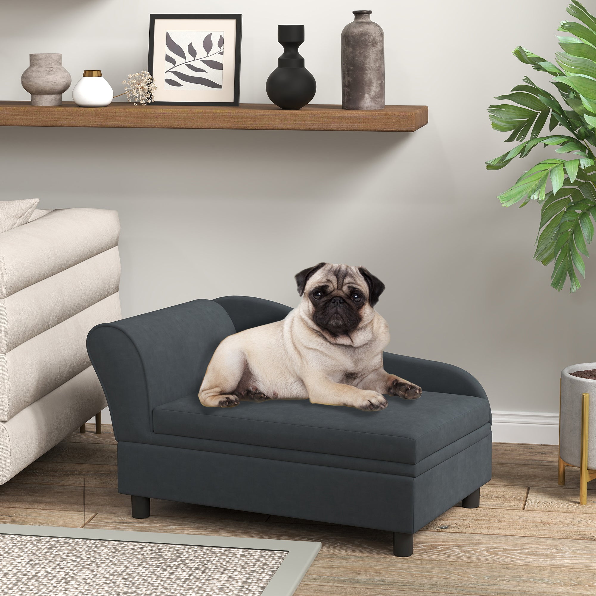 PawHut Luxury Fancy Dog Couch with Hidden Storage, Small Dog Sofa Bed with 2" Soft Foam, Modern Pet Furniture for Puppies & Little Breeds, Dark Gray