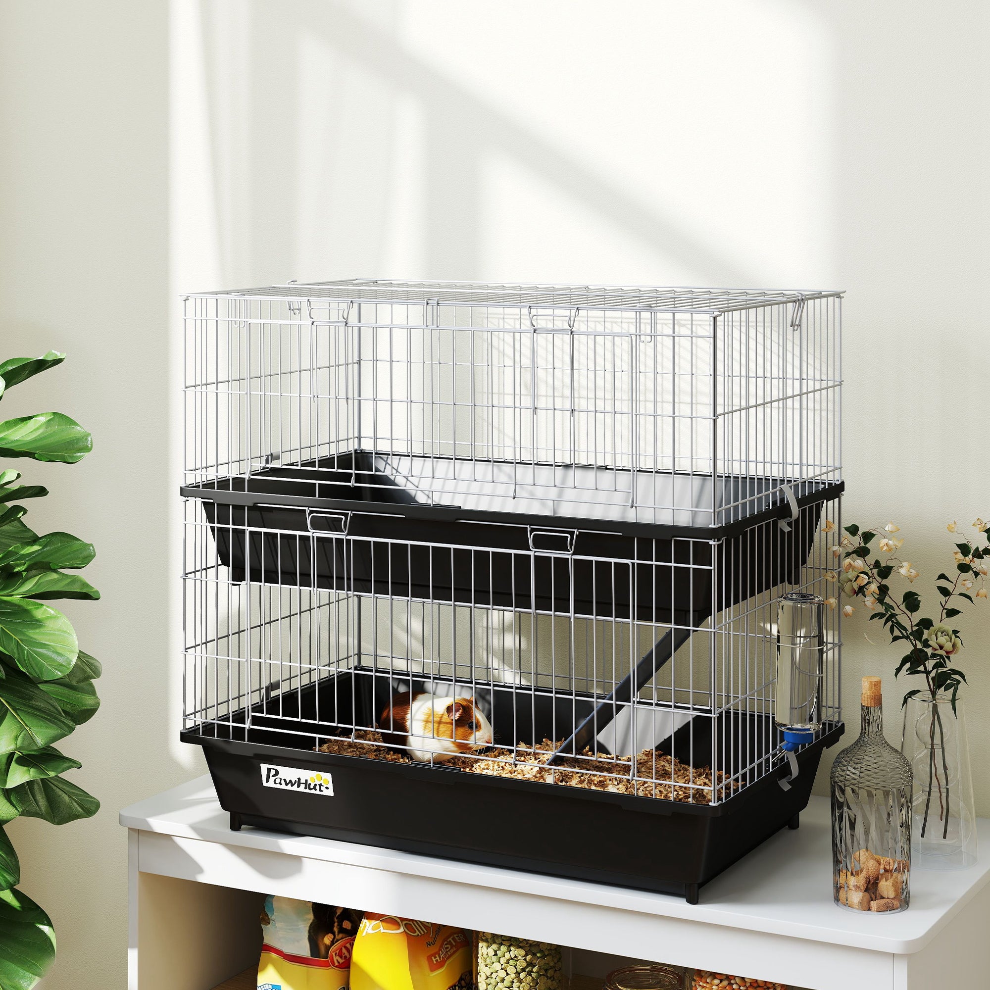 PawHut 2-Tier Guinea Pig Cage, Ferret Cage, Chinchilla Cage, Small Animal Cage Indoor with Dish and Bottle, 2 Doors, Deep Bottoms, Ramp, 28", Black