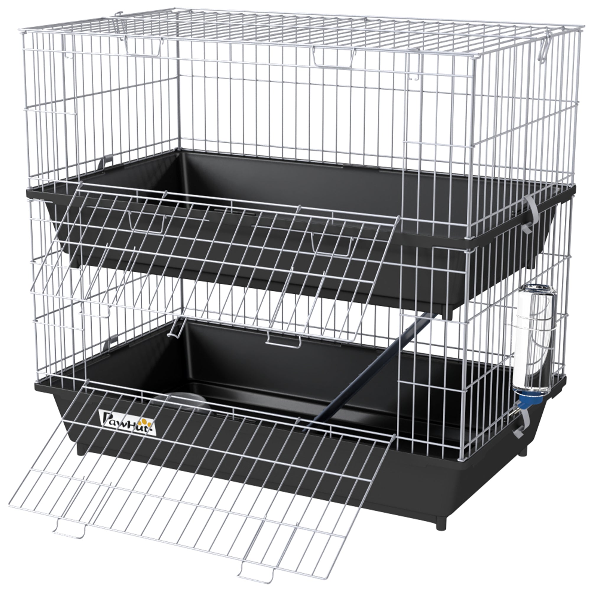 PawHut 2-Tier Guinea Pig Cage, Ferret Cage, Chinchilla Cage, Small Animal Cage Indoor with Dish and Bottle, 2 Doors, Deep Bottoms, Ramp, 28", Black