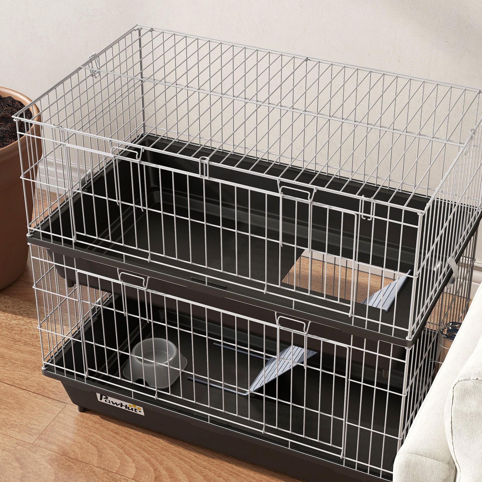 PawHut 2-Tier Guinea Pig Cage, Ferret Cage, Chinchilla Cage, Small Animal Cage Indoor with Dish and Bottle, 2 Doors, Deep Bottoms, Ramp, 28", Black