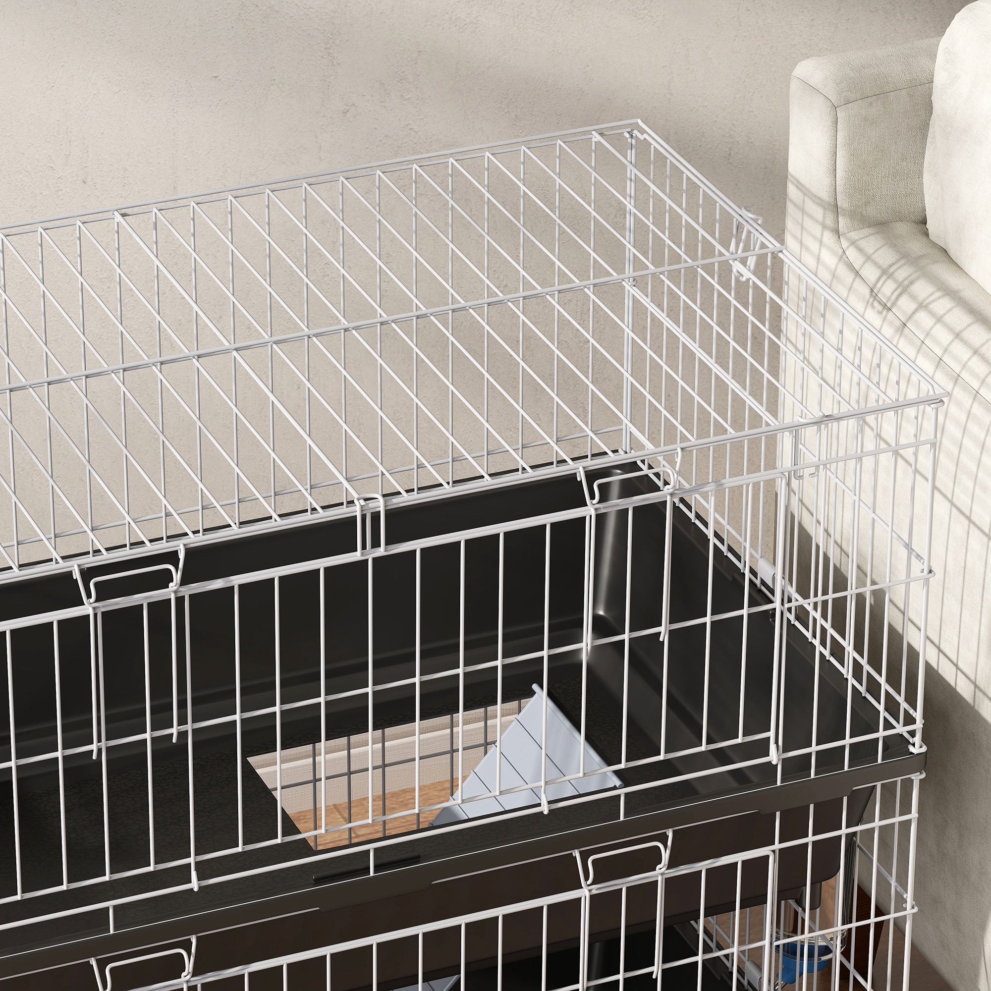 PawHut 2-Tier Guinea Pig Cage, Ferret Cage, Chinchilla Cage, Small Animal Cage Indoor with Dish and Bottle, 2 Doors, Deep Bottoms, Ramp, 28", Black