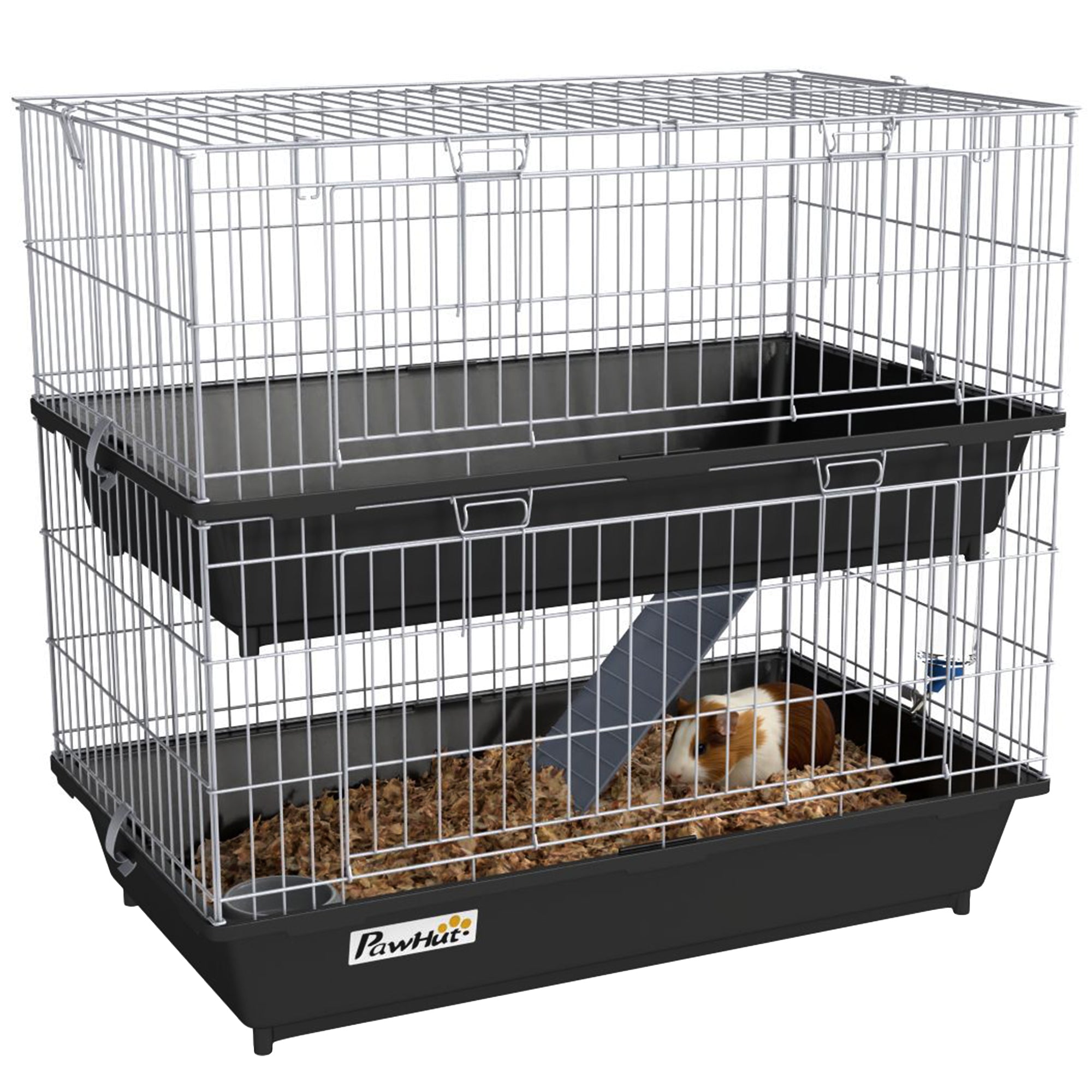 PawHut 2-Tier Guinea Pig Cage, Ferret Cage, Chinchilla Cage, Small Animal Cage Indoor with Dish and Bottle, 2 Doors, Deep Bottoms, Ramp, 28", Black