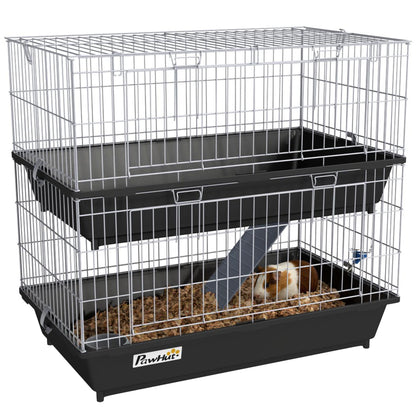 PawHut 2-Tier Guinea Pig Cage, Ferret Cage, Chinchilla Cage, Small Animal Cage Indoor with Dish and Bottle, 2 Doors, Deep Bottoms, Ramp, 28", Black