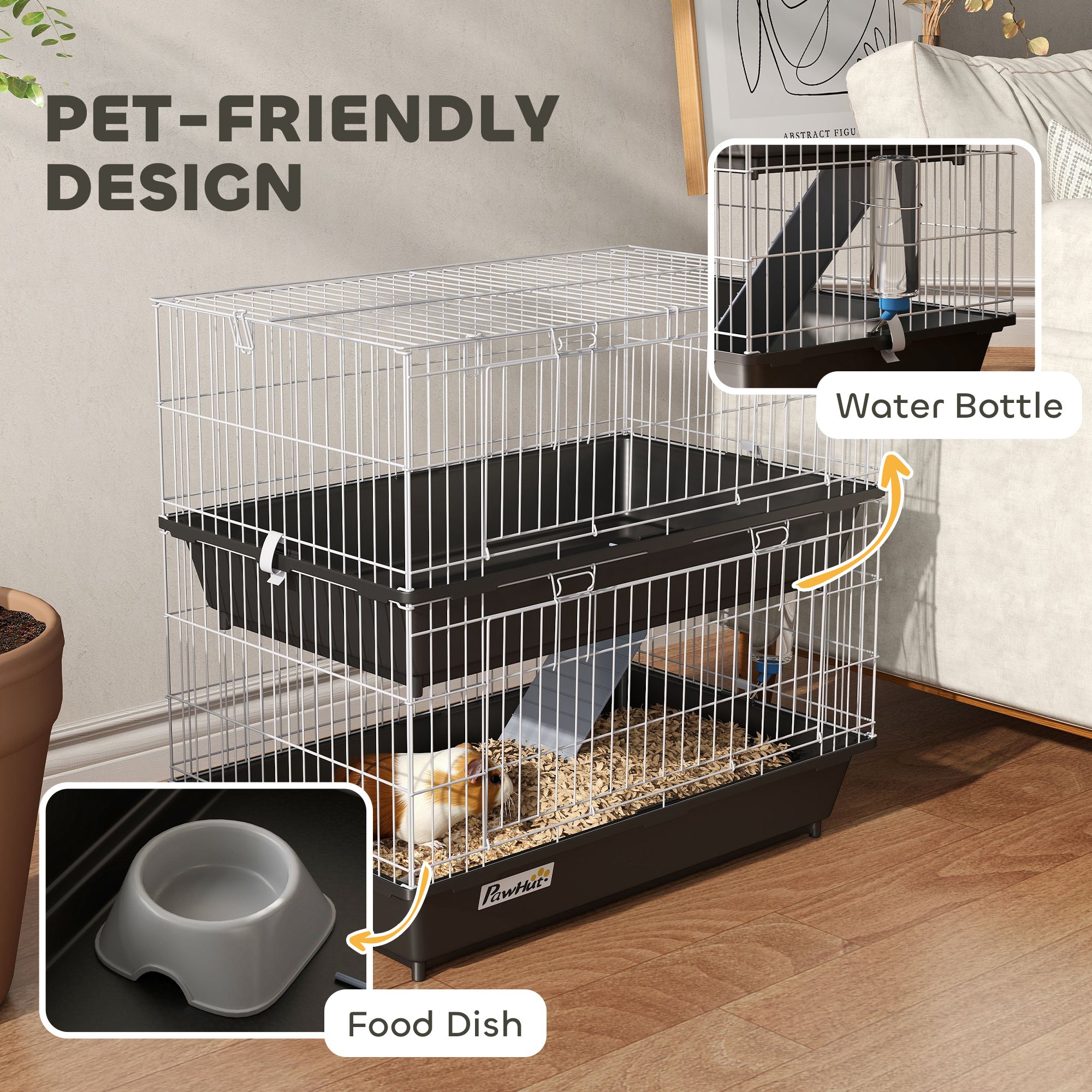 PawHut 2-Tier Guinea Pig Cage, Ferret Cage, Chinchilla Cage, Small Animal Cage Indoor with Dish and Bottle, 2 Doors, Deep Bottoms, Ramp, 28", Black