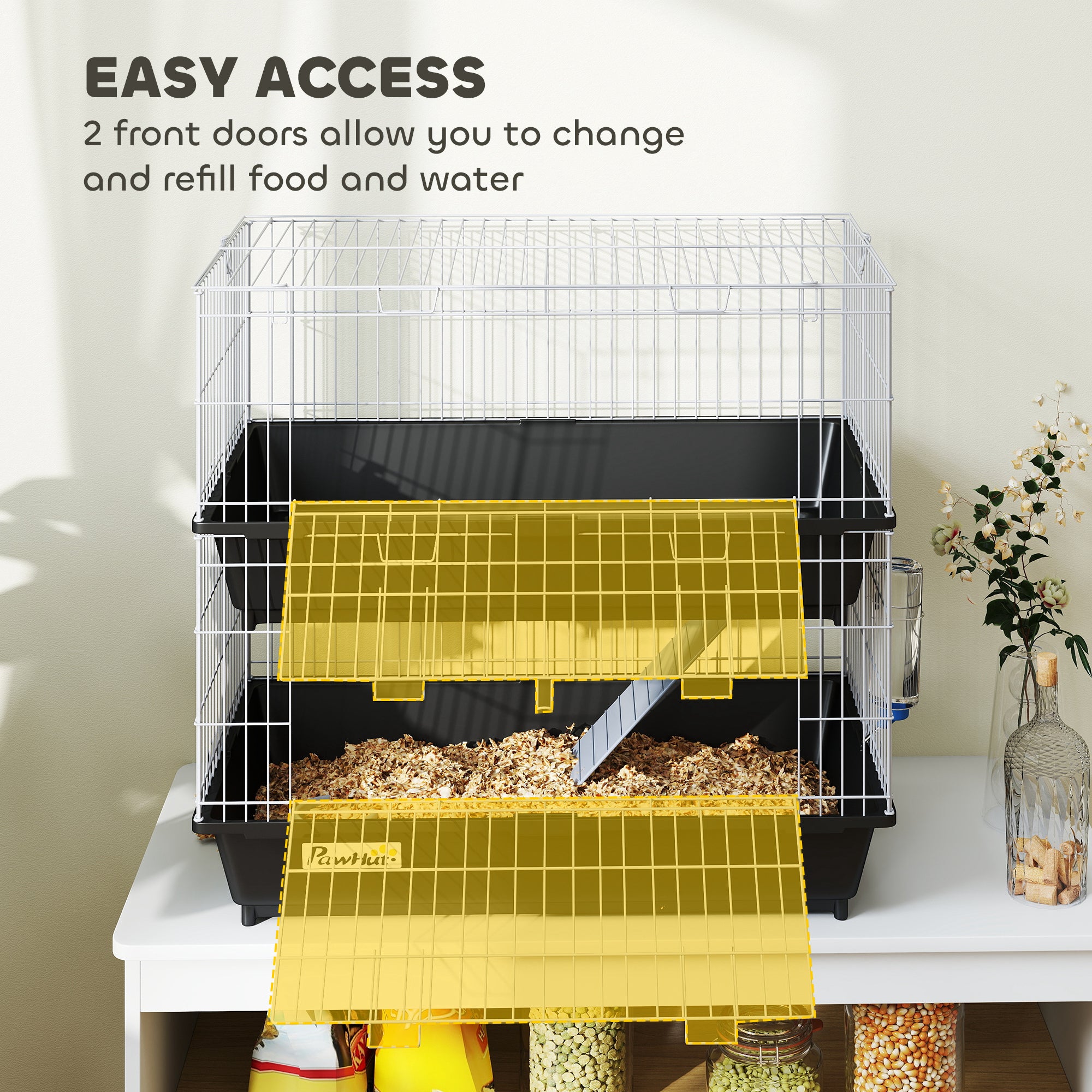 PawHut 2-Tier Guinea Pig Cage, Ferret Cage, Chinchilla Cage, Small Animal Cage Indoor with Dish and Bottle, 2 Doors, Deep Bottoms, Ramp, 28", Black