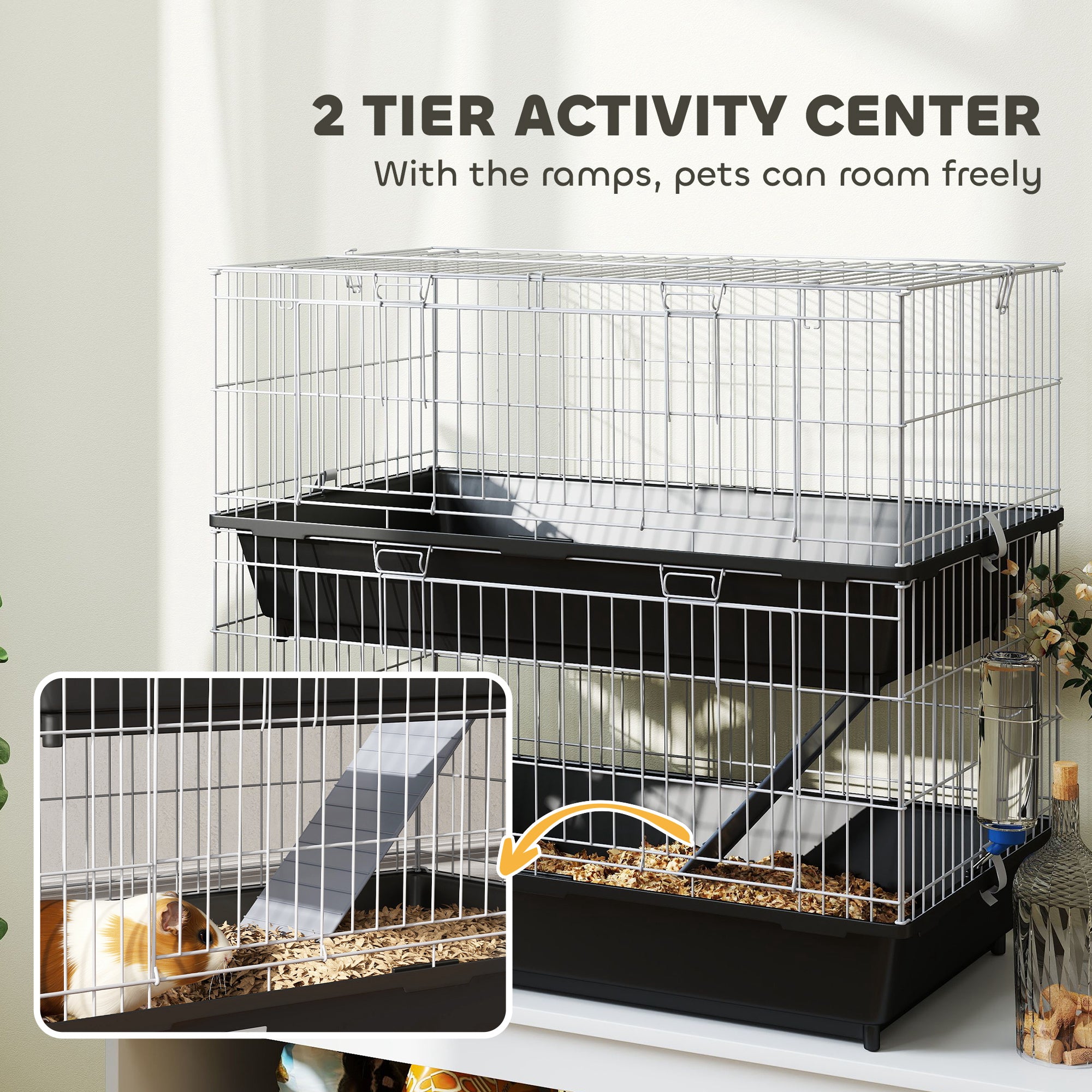 PawHut 2-Tier Guinea Pig Cage, Ferret Cage, Chinchilla Cage, Small Animal Cage Indoor with Dish and Bottle, 2 Doors, Deep Bottoms, Ramp, 28", Black