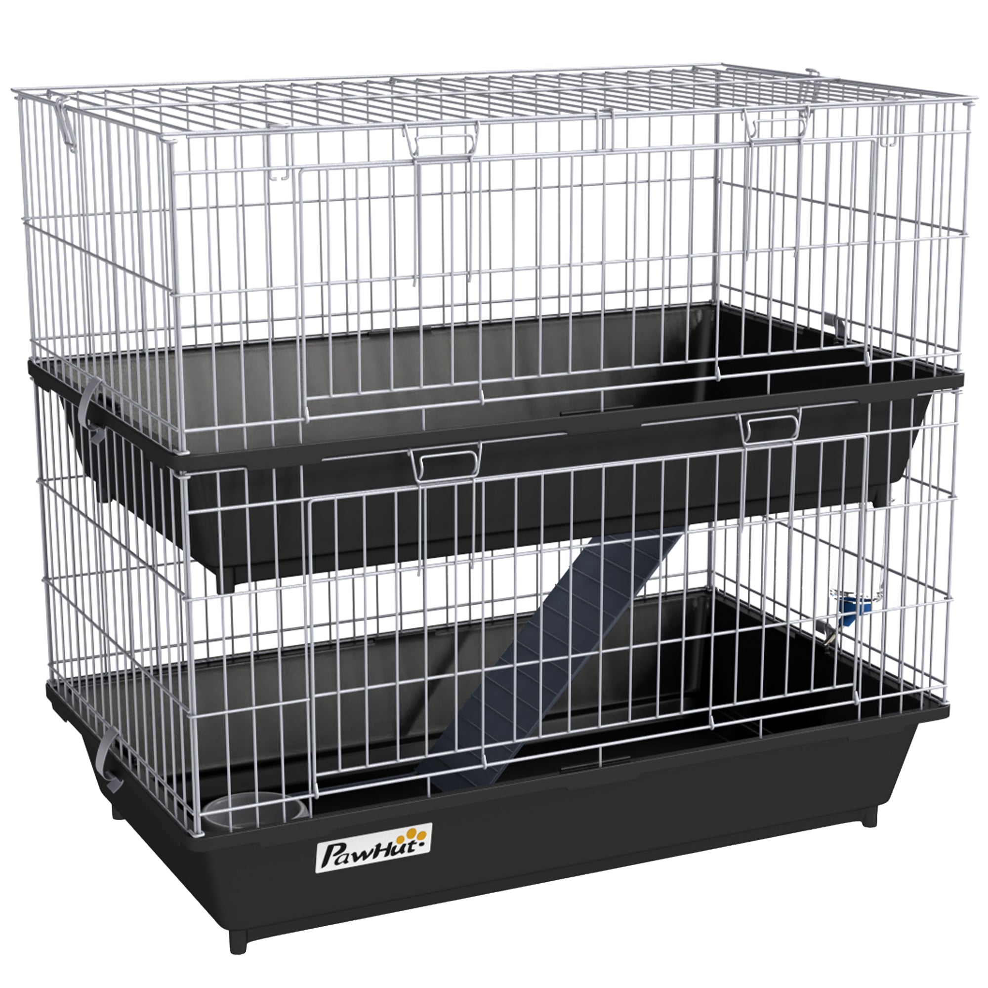 PawHut 2-Tier Guinea Pig Cage, Ferret Cage, Chinchilla Cage, Small Animal Cage Indoor with Dish and Bottle, 2 Doors, Deep Bottoms, Ramp, 28", Black