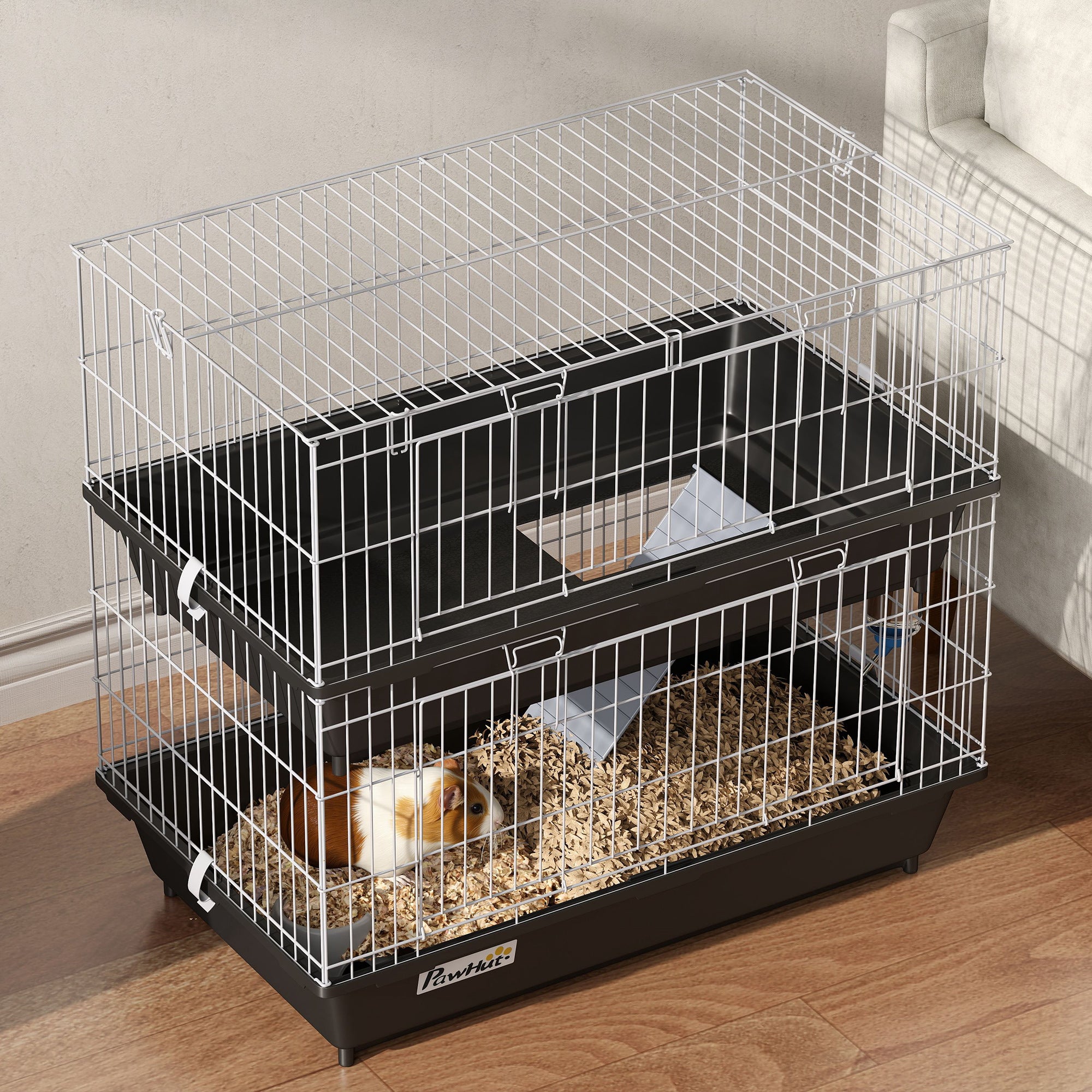 PawHut 2-Tier Guinea Pig Cage, Ferret Cage, Chinchilla Cage, Small Animal Cage Indoor with Dish and Bottle, 2 Doors, Deep Bottoms, Ramp, 28", Black