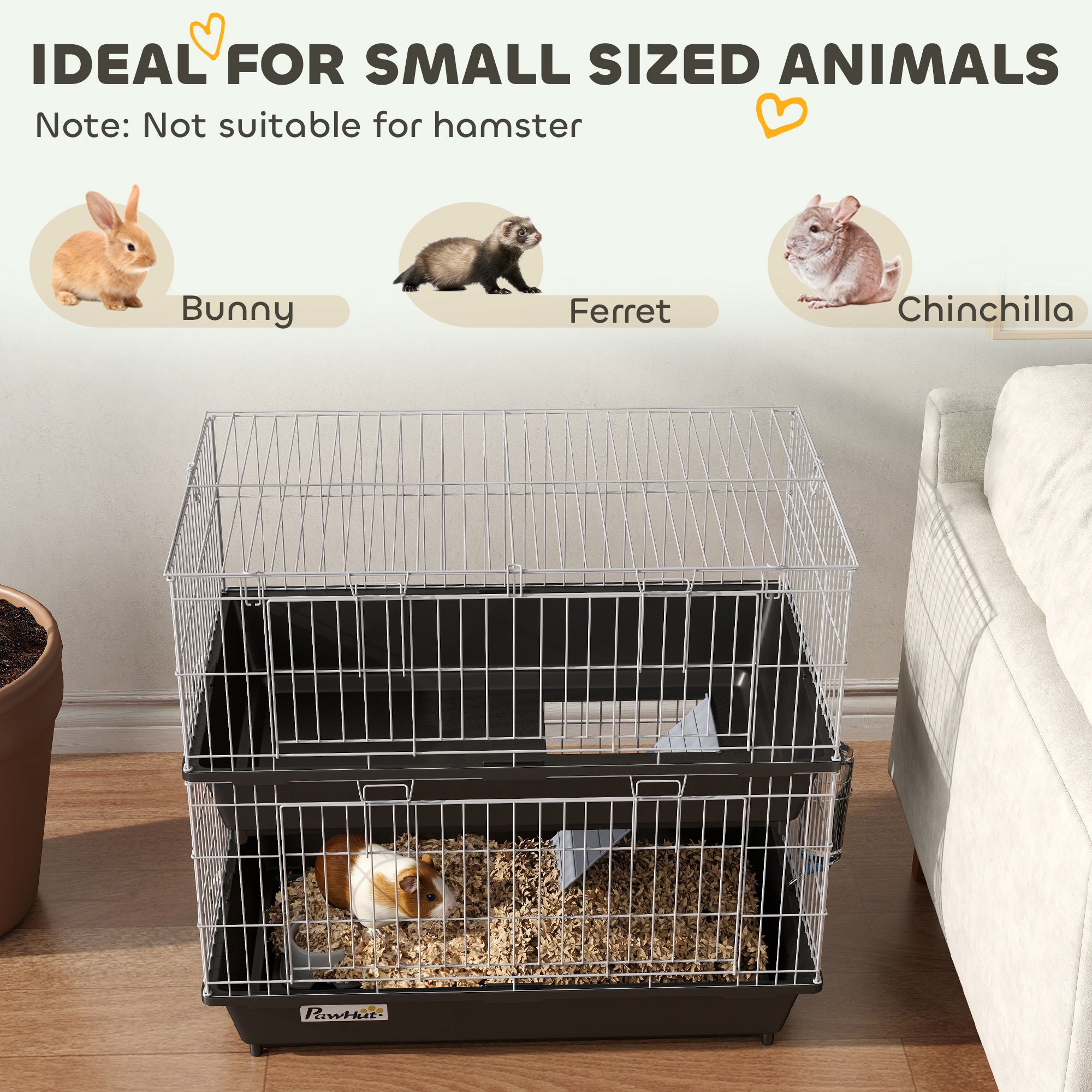PawHut 2-Tier Guinea Pig Cage, Ferret Cage, Chinchilla Cage, Small Animal Cage Indoor with Dish and Bottle, 2 Doors, Deep Bottoms, Ramp, 28", Black