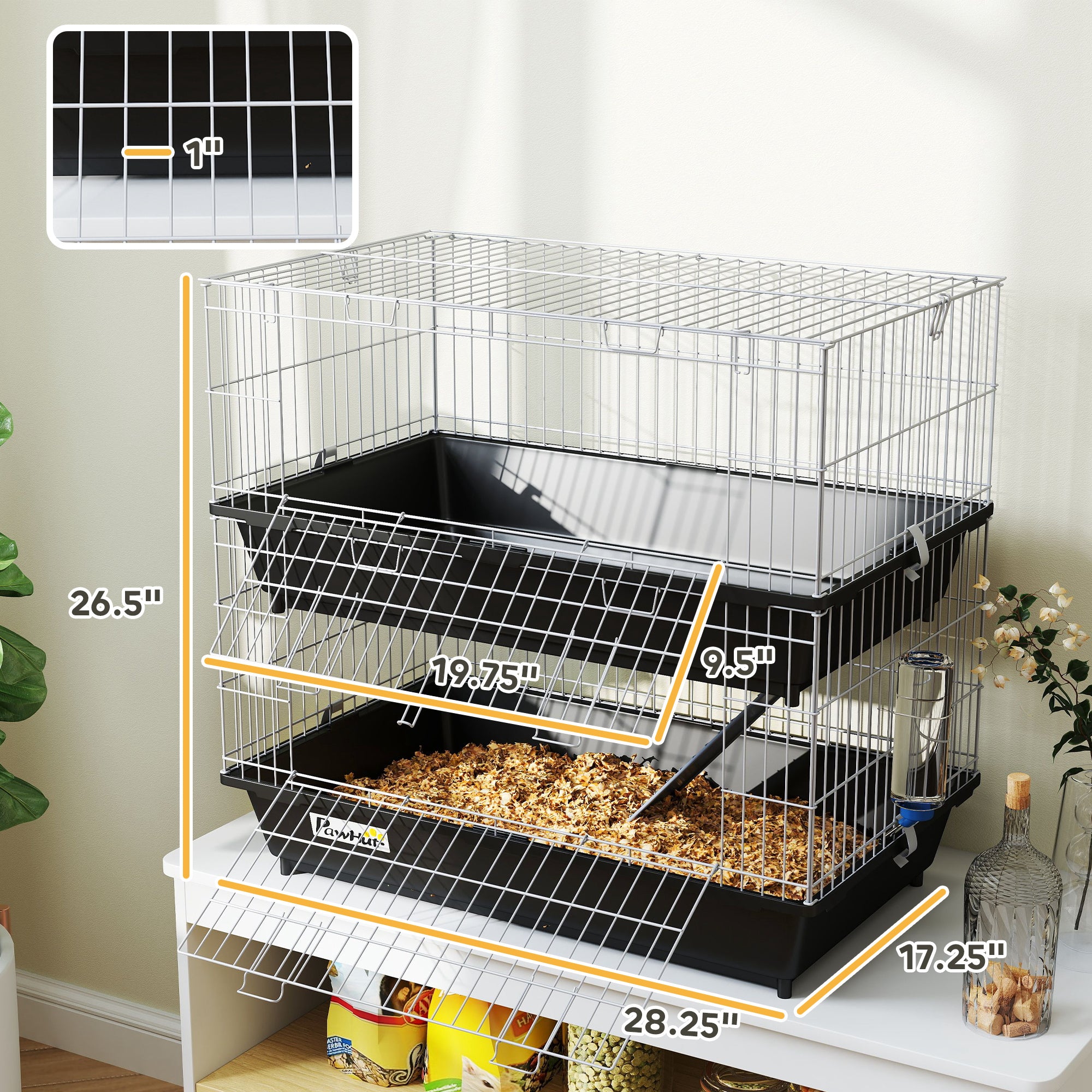 PawHut 2-Tier Guinea Pig Cage, Ferret Cage, Chinchilla Cage, Small Animal Cage Indoor with Dish and Bottle, 2 Doors, Deep Bottoms, Ramp, 28", Black