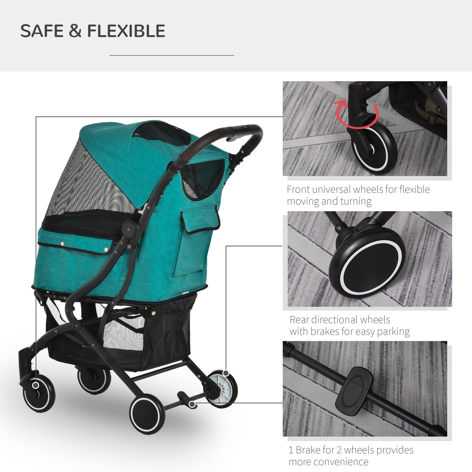 PawHut Travel Pet Stroller for Dogs, Cats, One-Click Fold Jogger Pushchair with Aluminum Frame, EVA Wheels, Brakes, Basket Storage, Safety Belts, Adjustable Canopy, Zippered Mesh Window Door, Blue