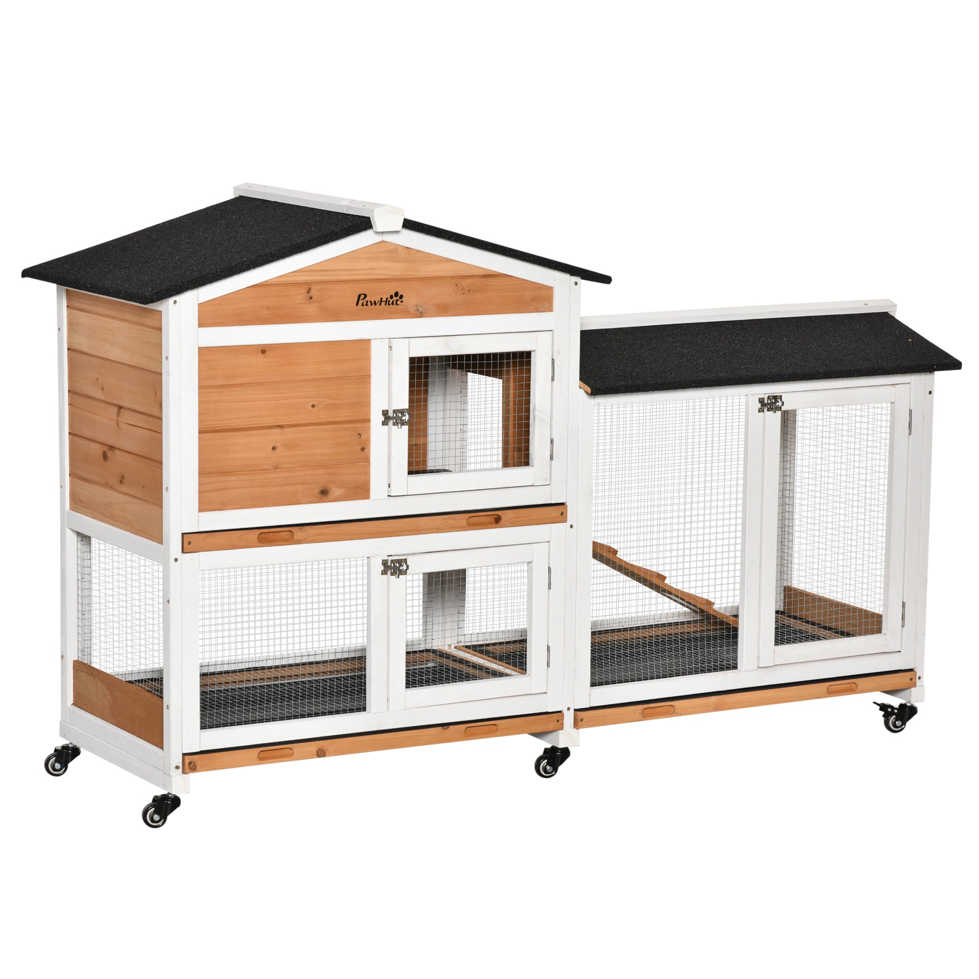 PawHut Rabbit Hutch Outdoor with Run Guinea Pig Hutch 2-Tier Bunny Cage w/ Wheels No-Leak Plastic Tray 157.4 x 53 x 99.5 cm - Yellow