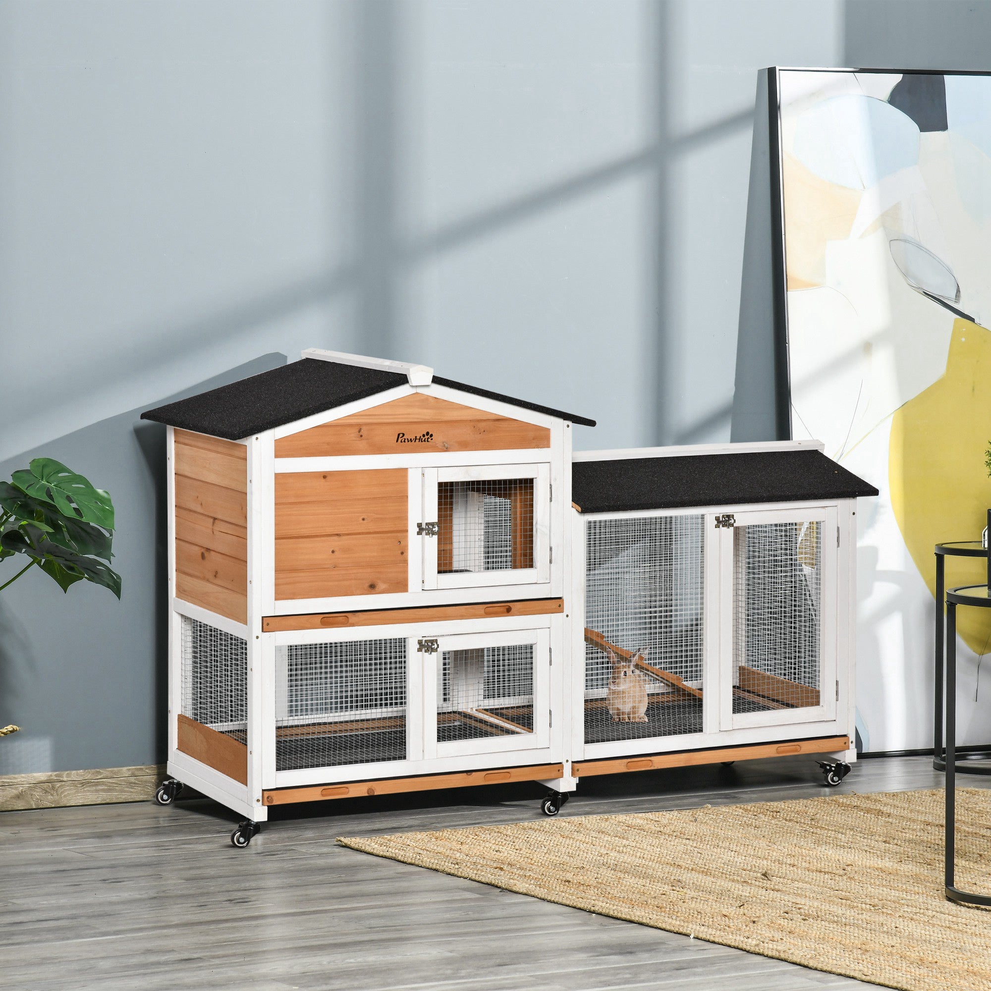 PawHut Rabbit Hutch Outdoor with Run Guinea Pig Hutch 2-Tier Bunny Cage w/ Wheels No-Leak Plastic Tray 157.4 x 53 x 99.5 cm - Yellow