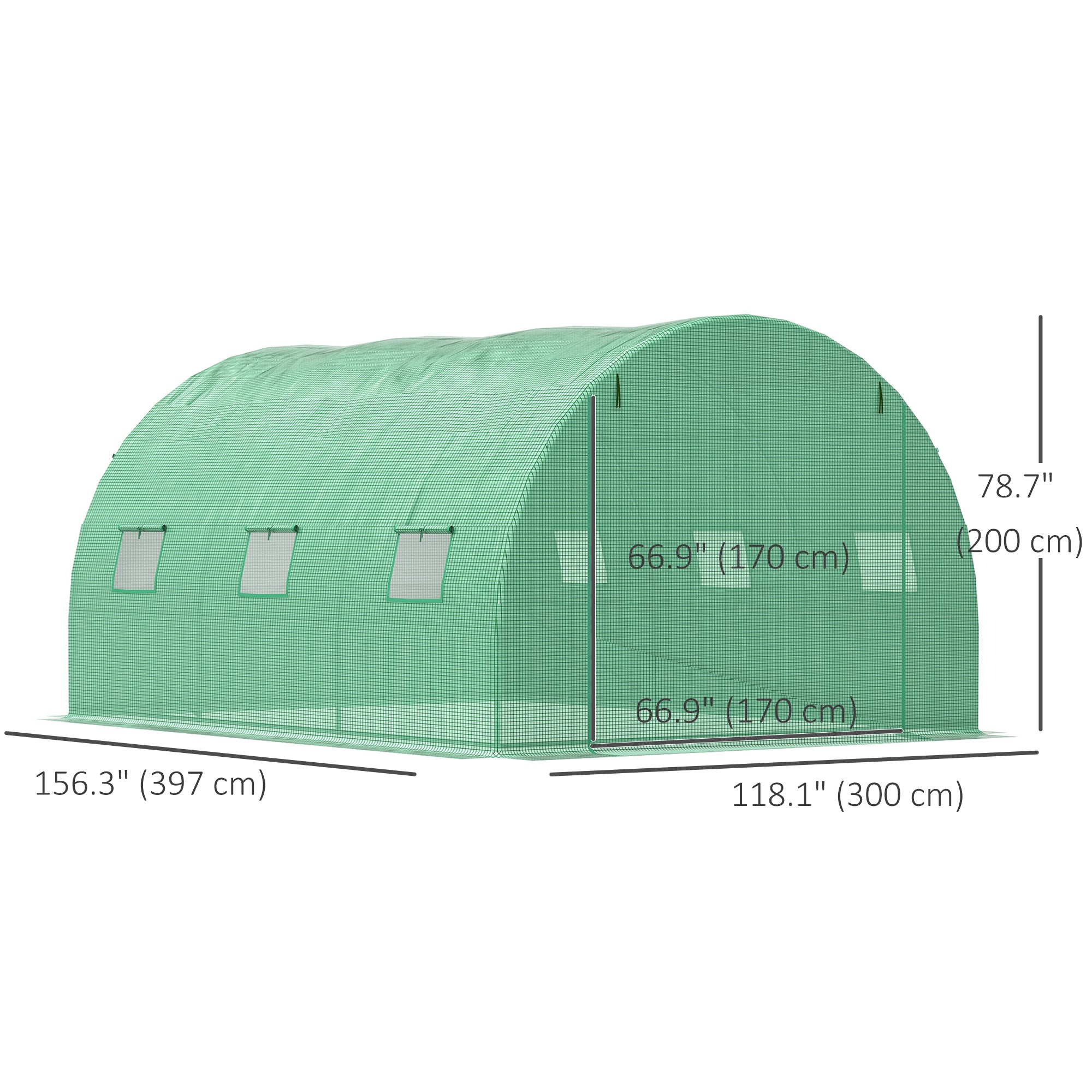 Outsunny 13' x 10' x 6.6'  Walk-in Polytunnel Greenhouse, Outdoor Garden Tunnel Greenhouse Tent with Zipped Roll-Up Door and 6 Mesh Windows, Green