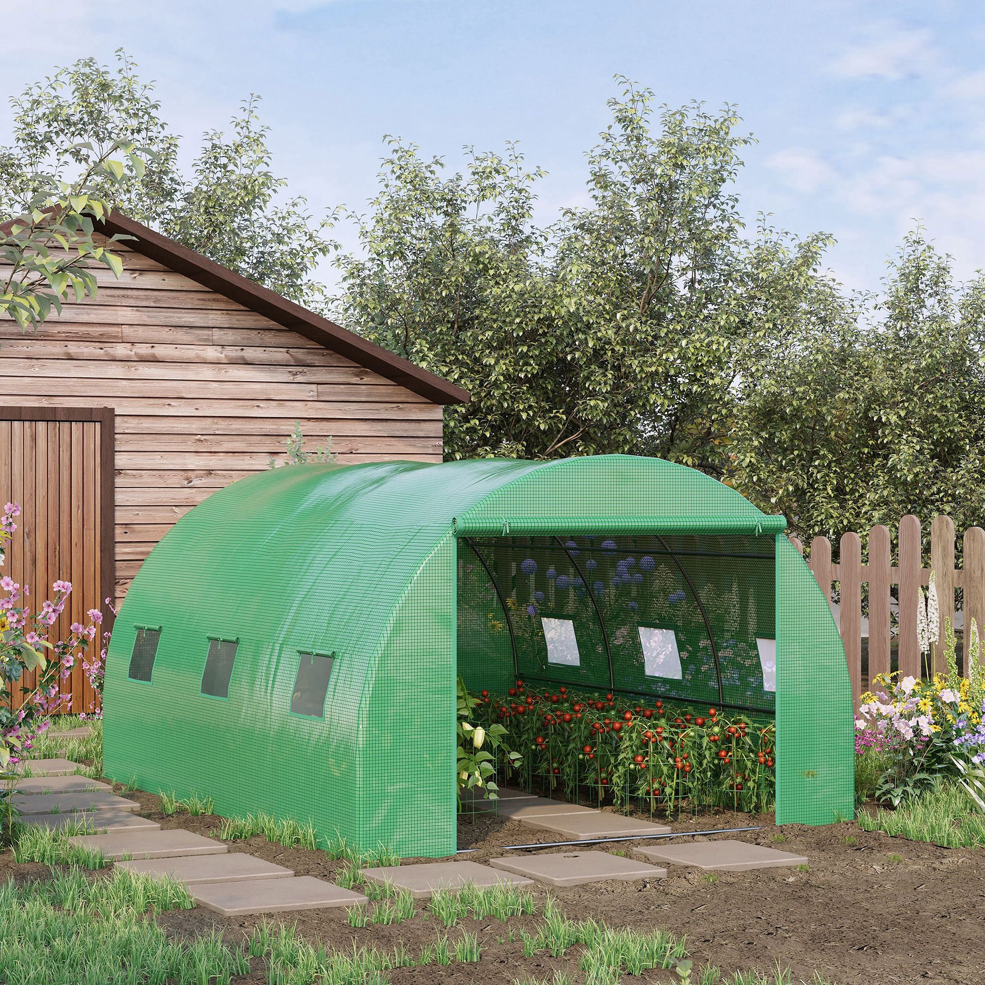 Outsunny 13' x 10' x 6.6'  Walk-in Polytunnel Greenhouse, Outdoor Garden Tunnel Greenhouse Tent with Zipped Roll-Up Door and 6 Mesh Windows, Green