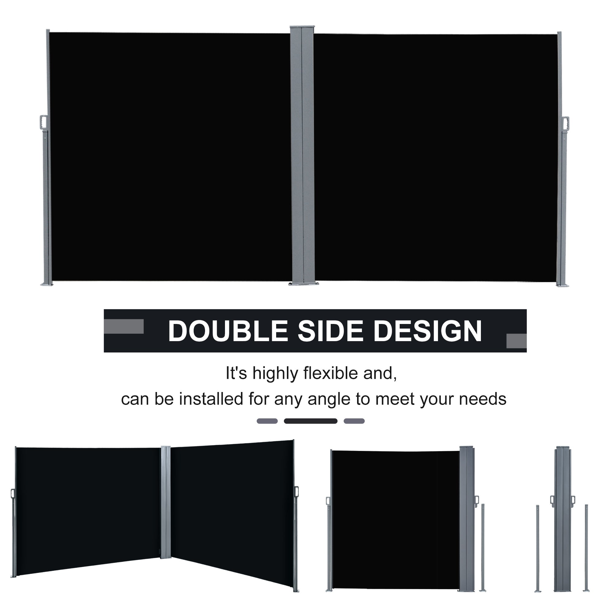 Outsunny Patio Retractable Double Side Awning, Folding Privacy French Screen Fence, Privacy Wall Corner Divider, Garden Outdoor, Sun Shade, Wind Screen, Indoor Room Divider, Black