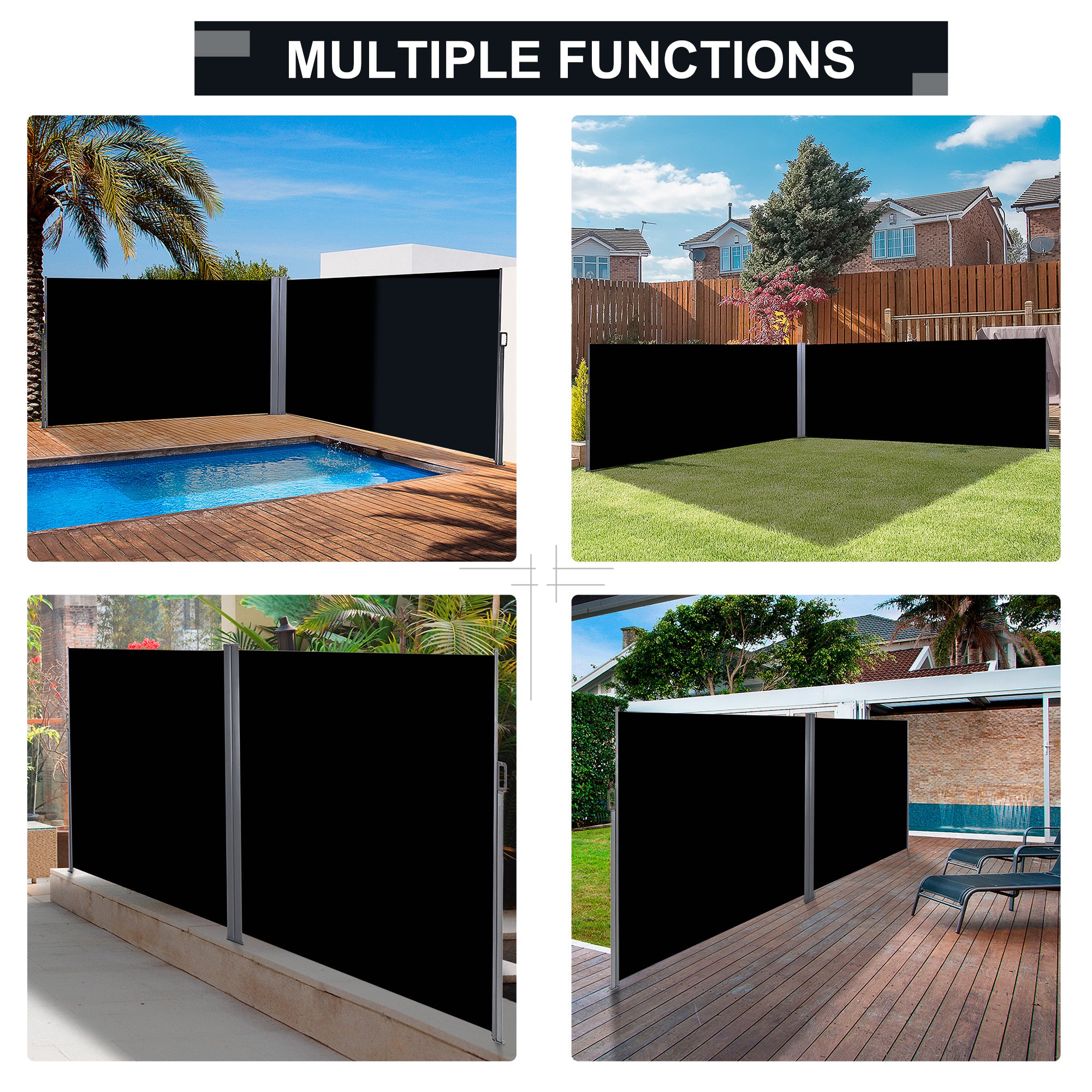 Outsunny Patio Retractable Double Side Awning, Folding Privacy French Screen Fence, Privacy Wall Corner Divider, Garden Outdoor, Sun Shade, Wind Screen, Indoor Room Divider, Black