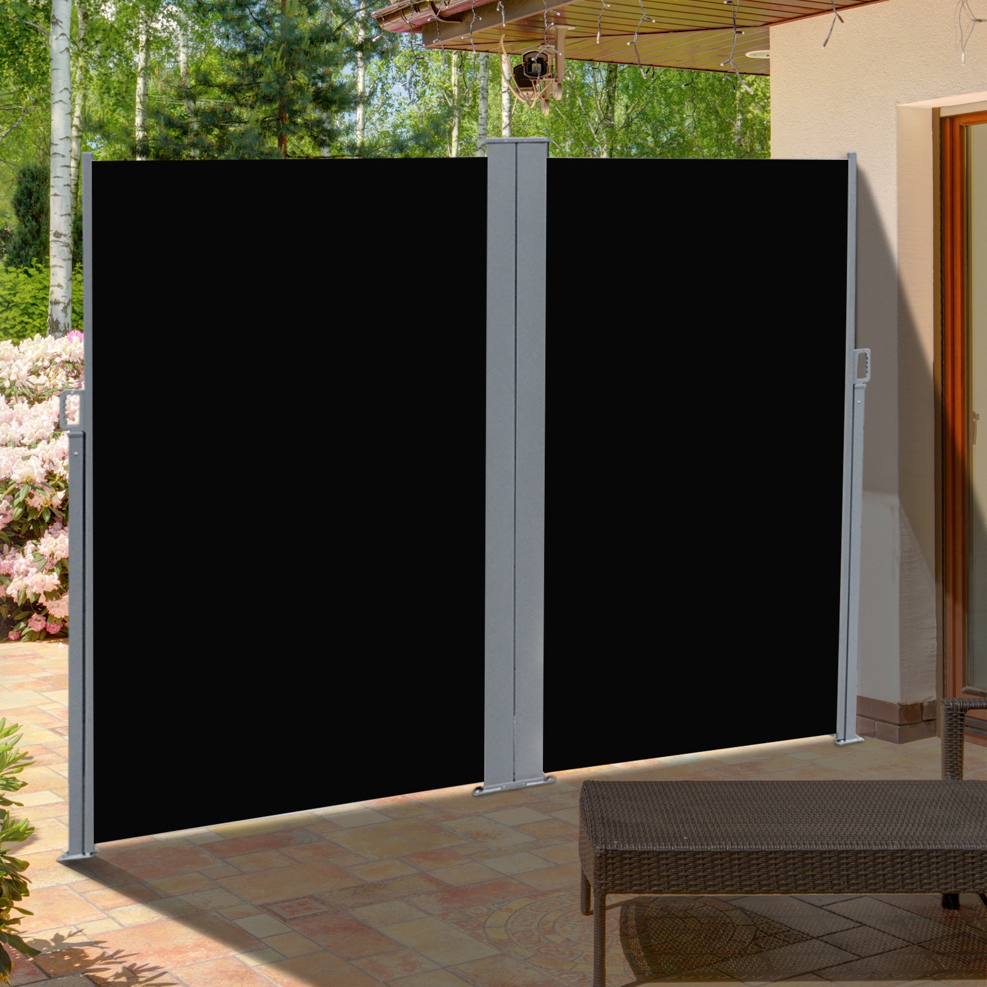 Outsunny Patio Retractable Double Side Awning, Folding Privacy French Screen Fence, Privacy Wall Corner Divider, Garden Outdoor, Sun Shade, Wind Screen, Indoor Room Divider, Black