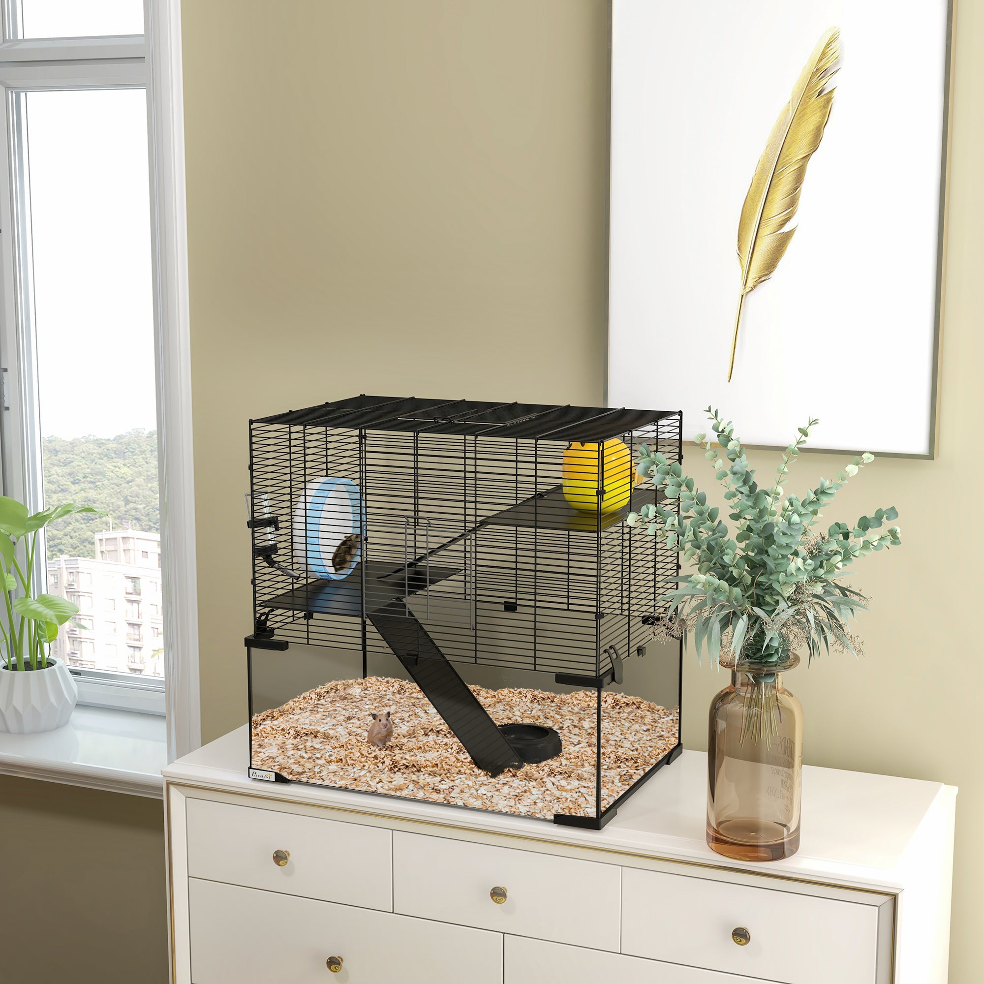 PawHut Hamster Cage, Gerbil Cage with Glass Basin, Ramps, Platforms, Hut, Exercise Wheel, for Syrian and Dwarf Hamsters, Black, M