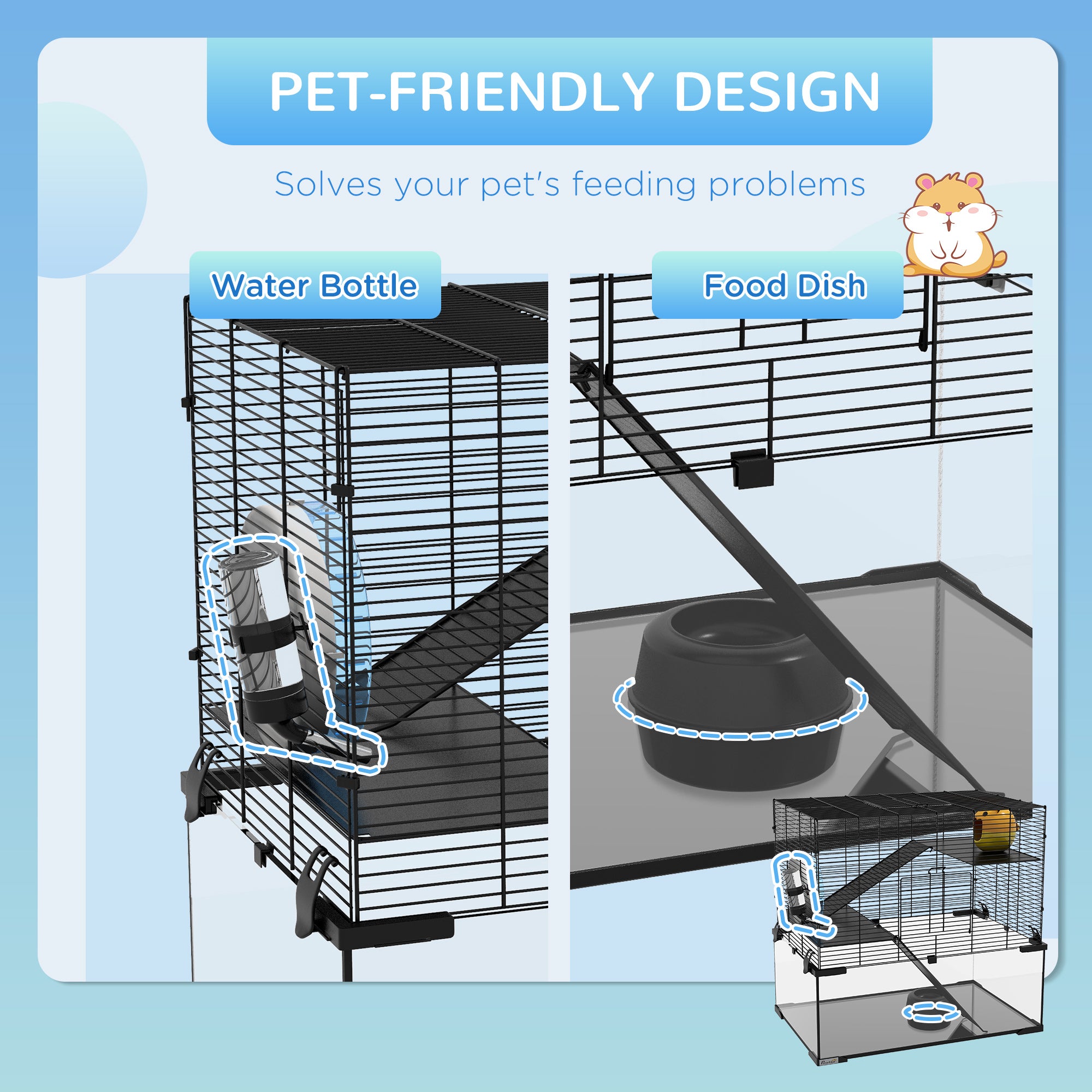 PawHut Hamster Cage, Gerbil Cage with Glass Basin, Ramps, Platforms, Hut, Exercise Wheel, for Syrian and Dwarf Hamsters, Black, M