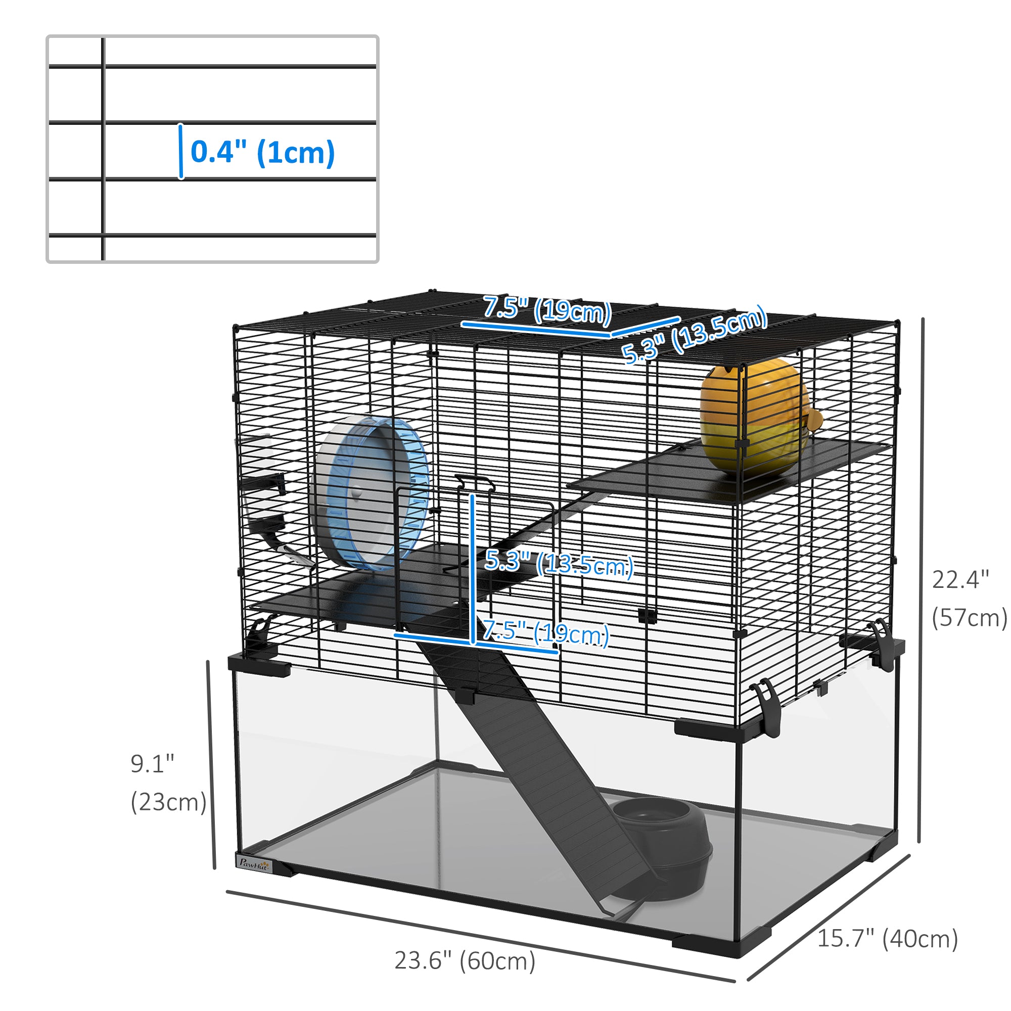 PawHut Hamster Cage, Gerbil Cage with Glass Basin, Ramps, Platforms, Hut, Exercise Wheel, for Syrian and Dwarf Hamsters, Black, M