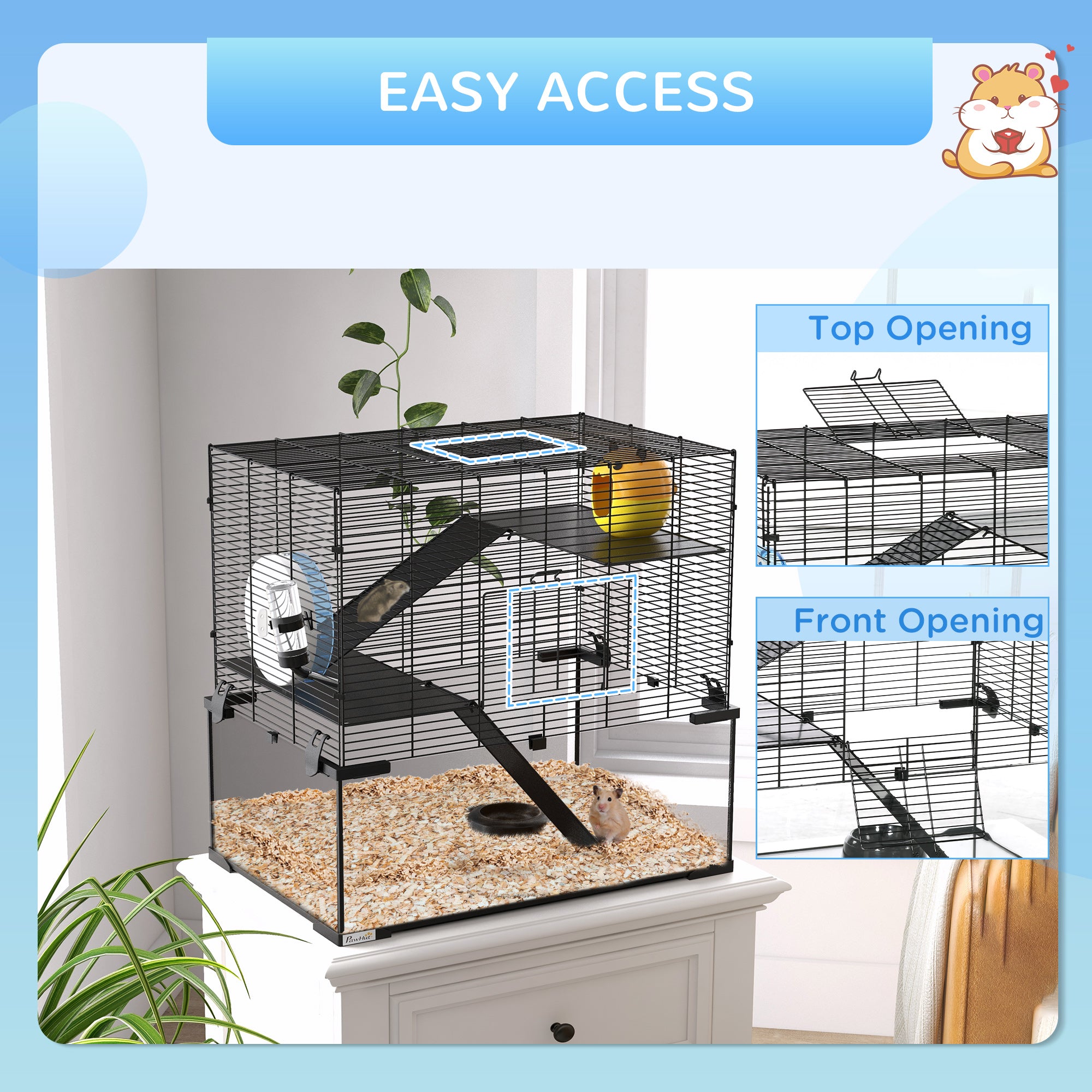 PawHut Hamster Cage, Gerbil Cage with Glass Basin, Ramps, Platforms, Hut, Exercise Wheel, for Syrian and Dwarf Hamsters, Black, M
