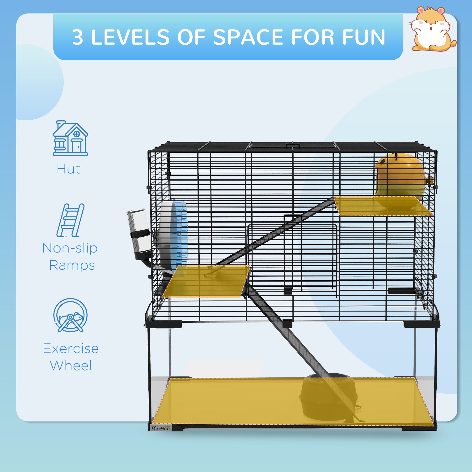 PawHut Hamster Cage, Gerbil Cage with Glass Basin, Ramps, Platforms, Hut, Exercise Wheel, for Syrian and Dwarf Hamsters, Black, M