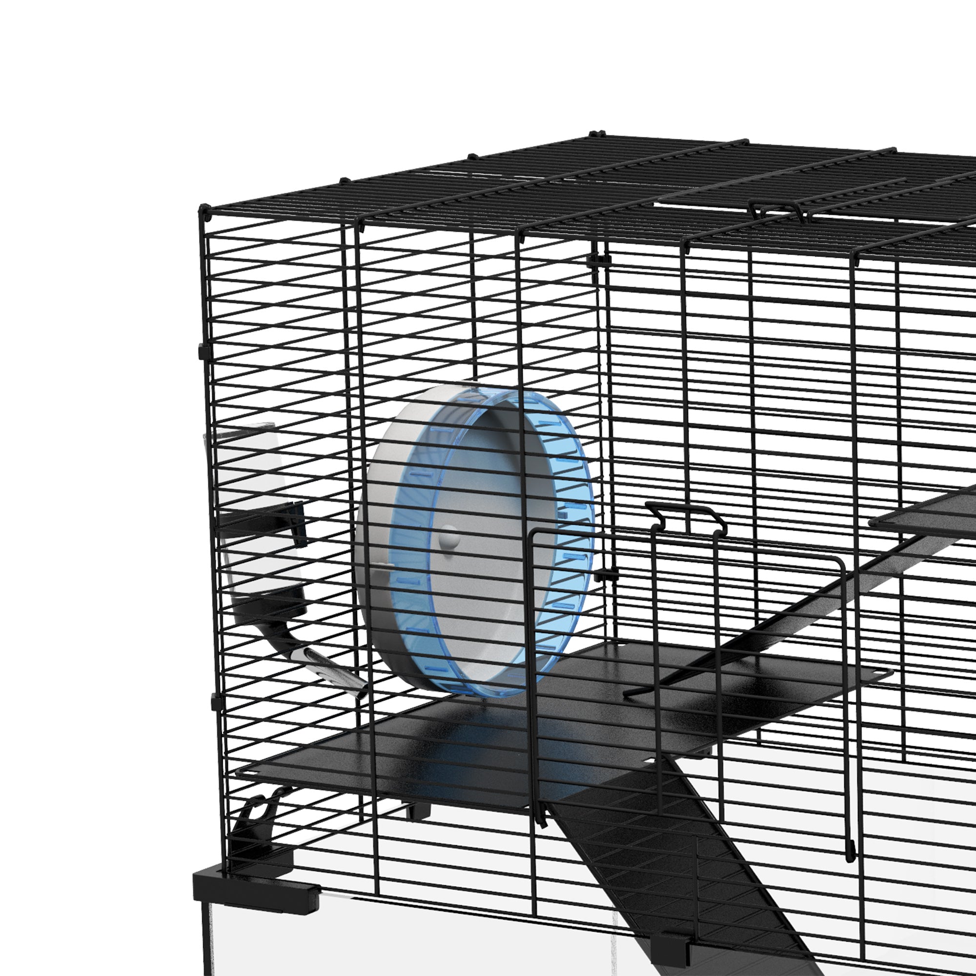 PawHut Hamster Cage, Gerbil Cage with Glass Basin, Ramps, Platforms, Hut, Exercise Wheel, for Syrian and Dwarf Hamsters, Black, M