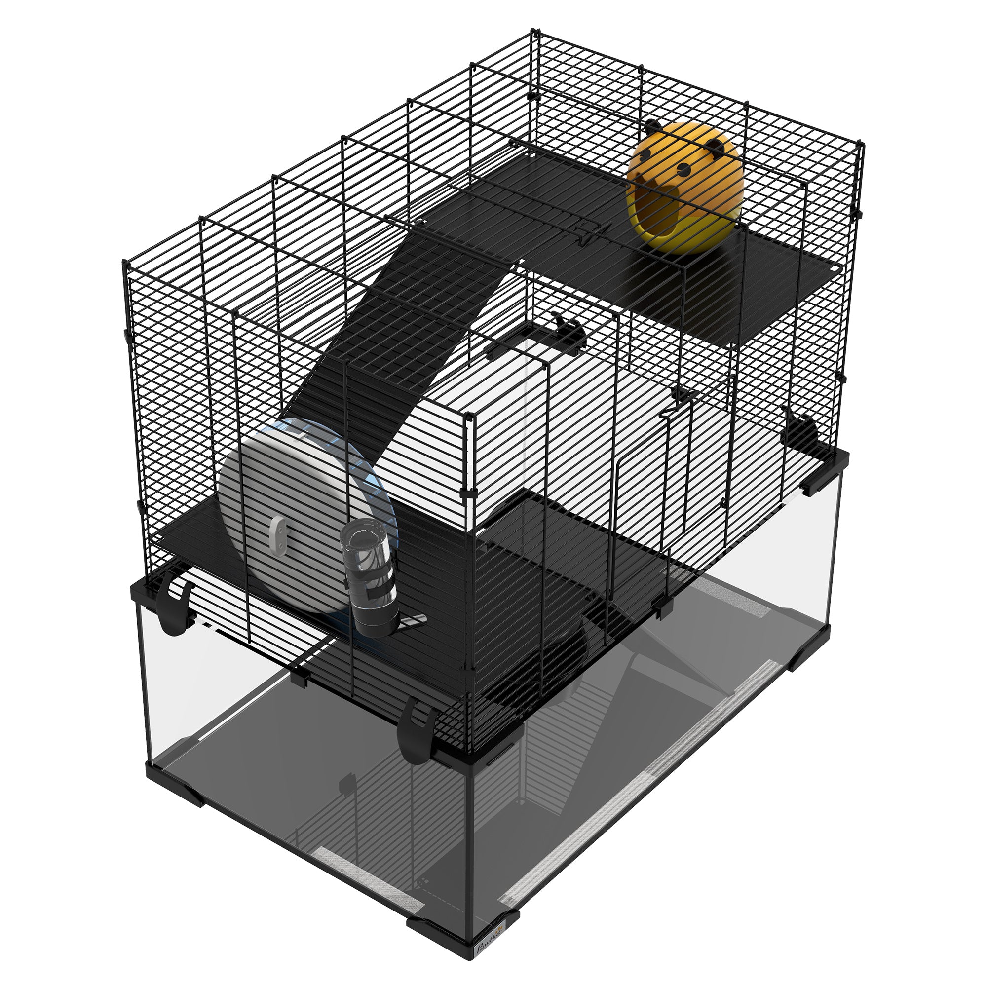 PawHut Hamster Cage, Gerbil Cage with Glass Basin, Ramps, Platforms, Hut, Exercise Wheel, for Syrian and Dwarf Hamsters, Black, M