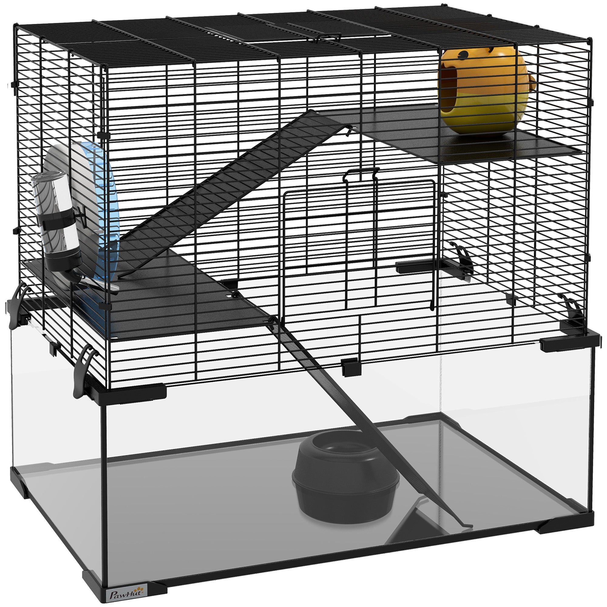 PawHut Hamster Cage, Gerbil Cage with Glass Basin, Ramps, Platforms, Hut, Exercise Wheel, for Syrian and Dwarf Hamsters, Black, M