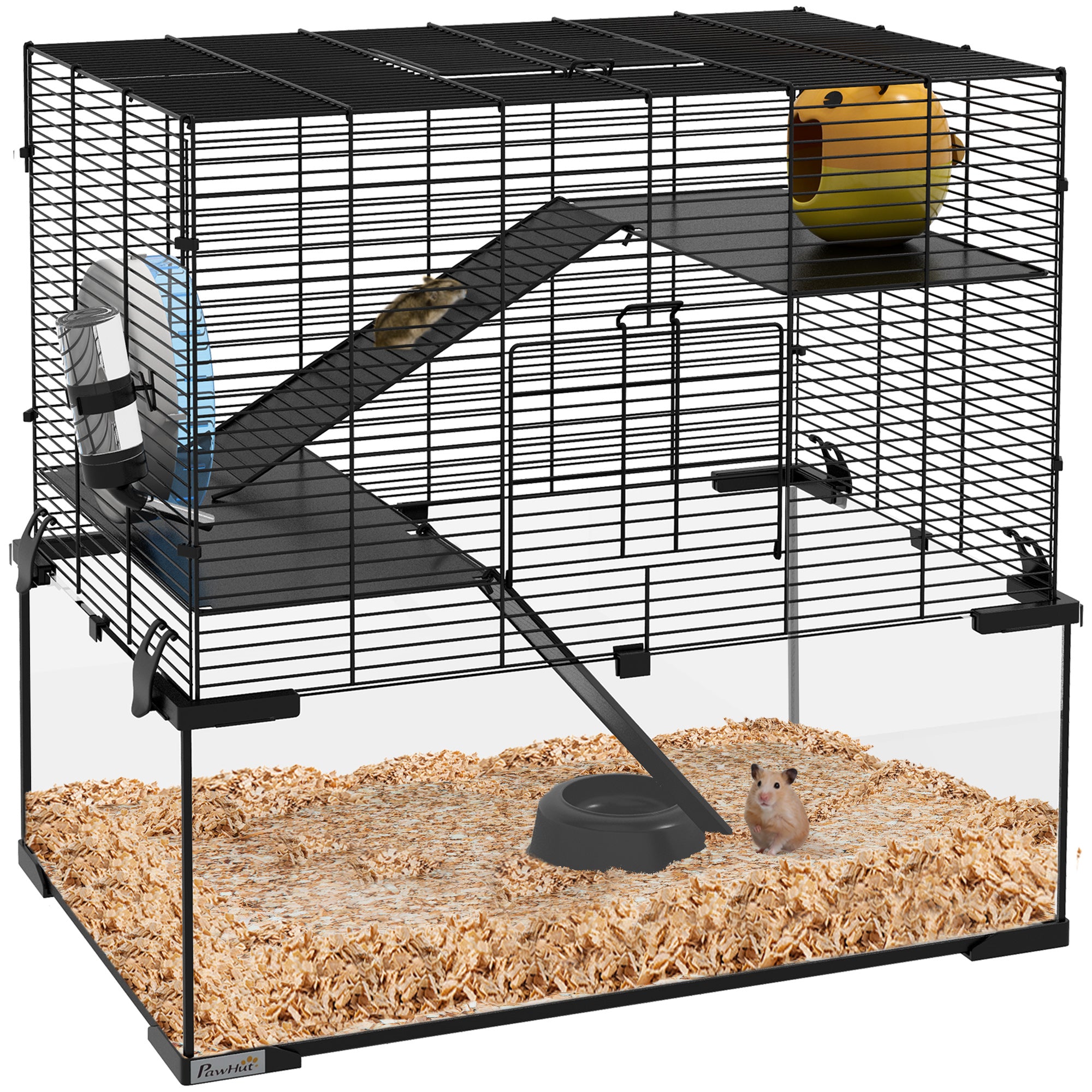 PawHut Hamster Cage, Gerbil Cage with Glass Basin, Ramps, Platforms, Hut, Exercise Wheel, for Syrian and Dwarf Hamsters, Black, M