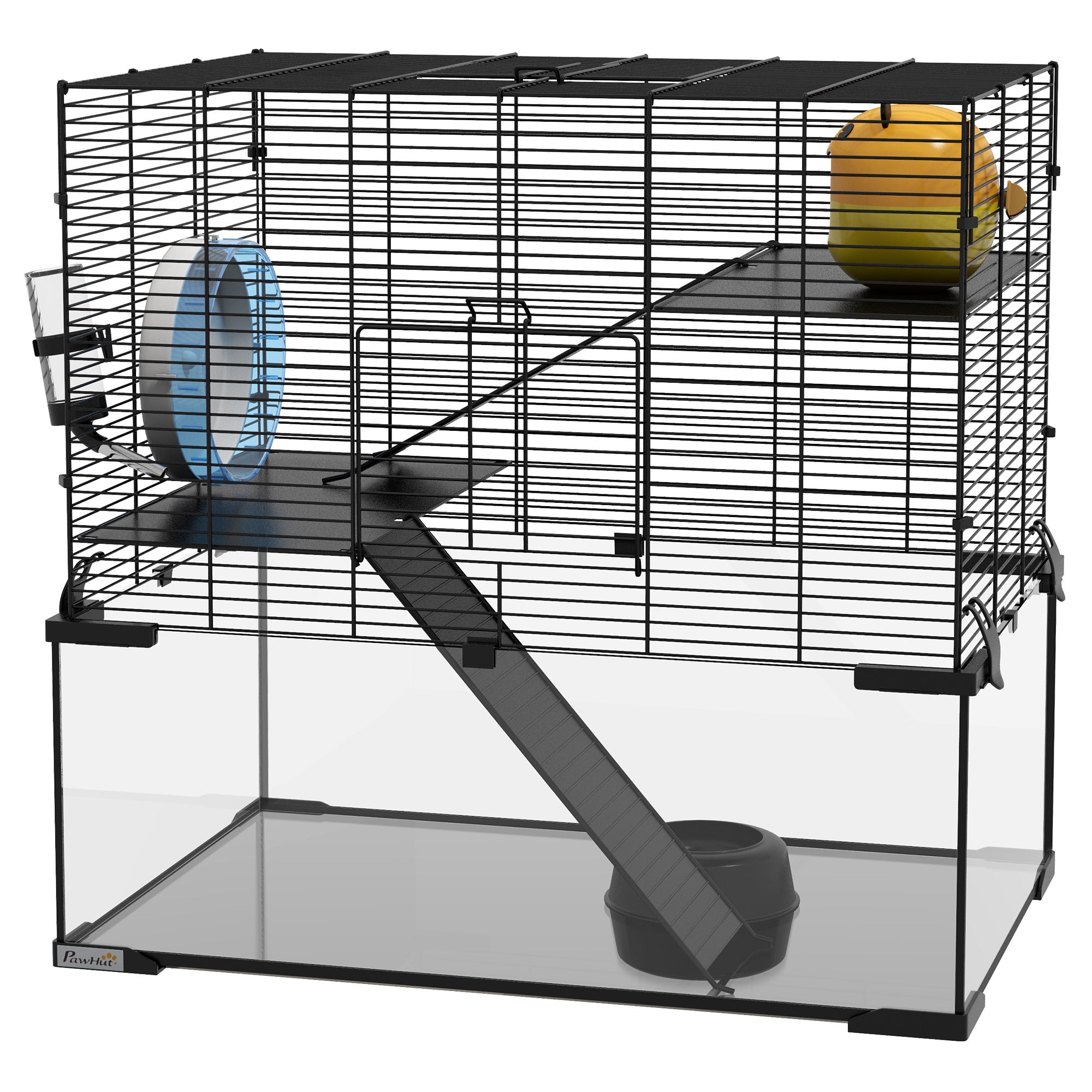 PawHut Hamster Cage, Gerbil Cage with Glass Basin, Ramps, Platforms, Hut, Exercise Wheel, for Syrian and Dwarf Hamsters, Black, M