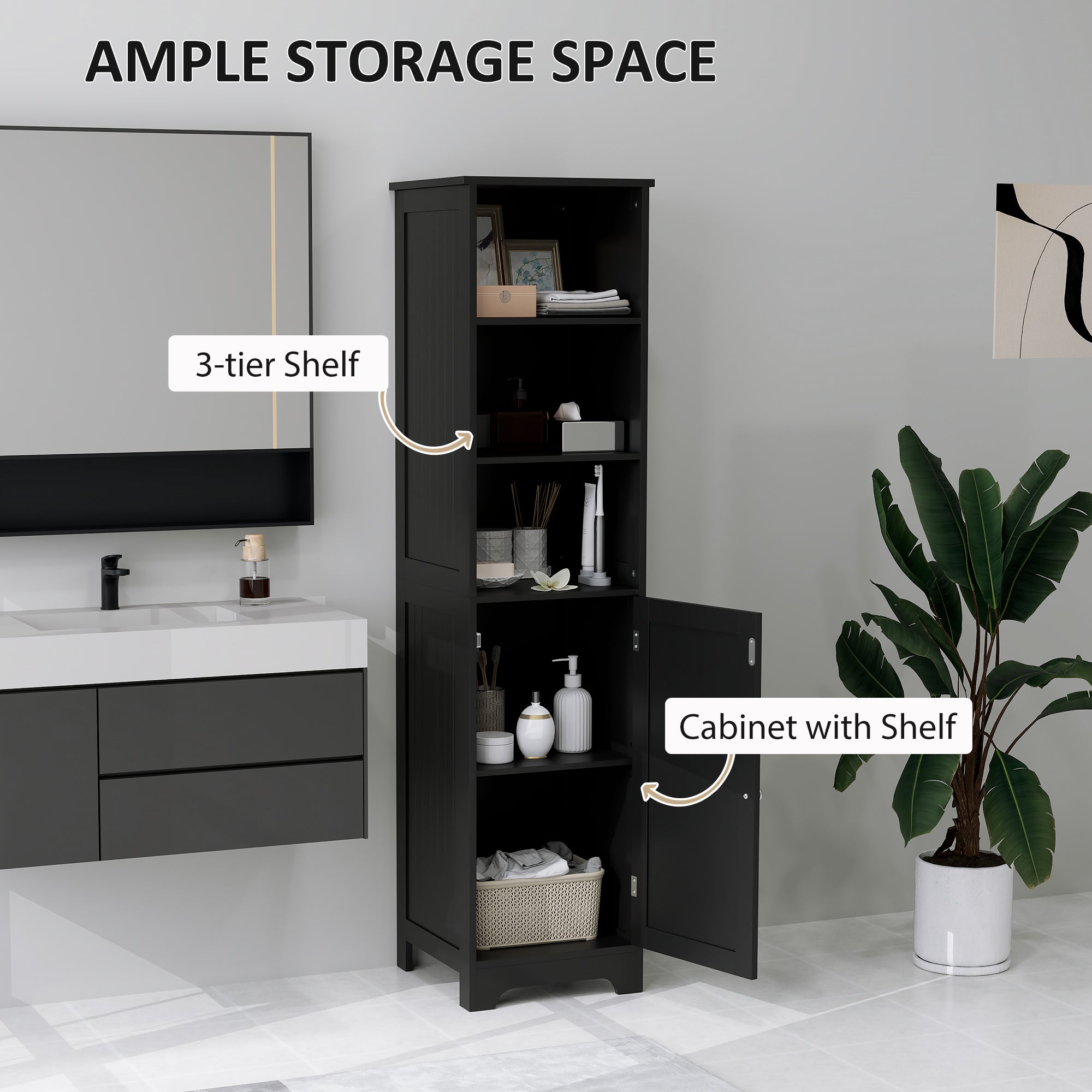 kleankin Narrow Bathroom Cabinet, Tall Bathroom Storage Cabinet, Freestanding Linen Cabinet with Adjustable Shelf, 3 Open Shelves, Black