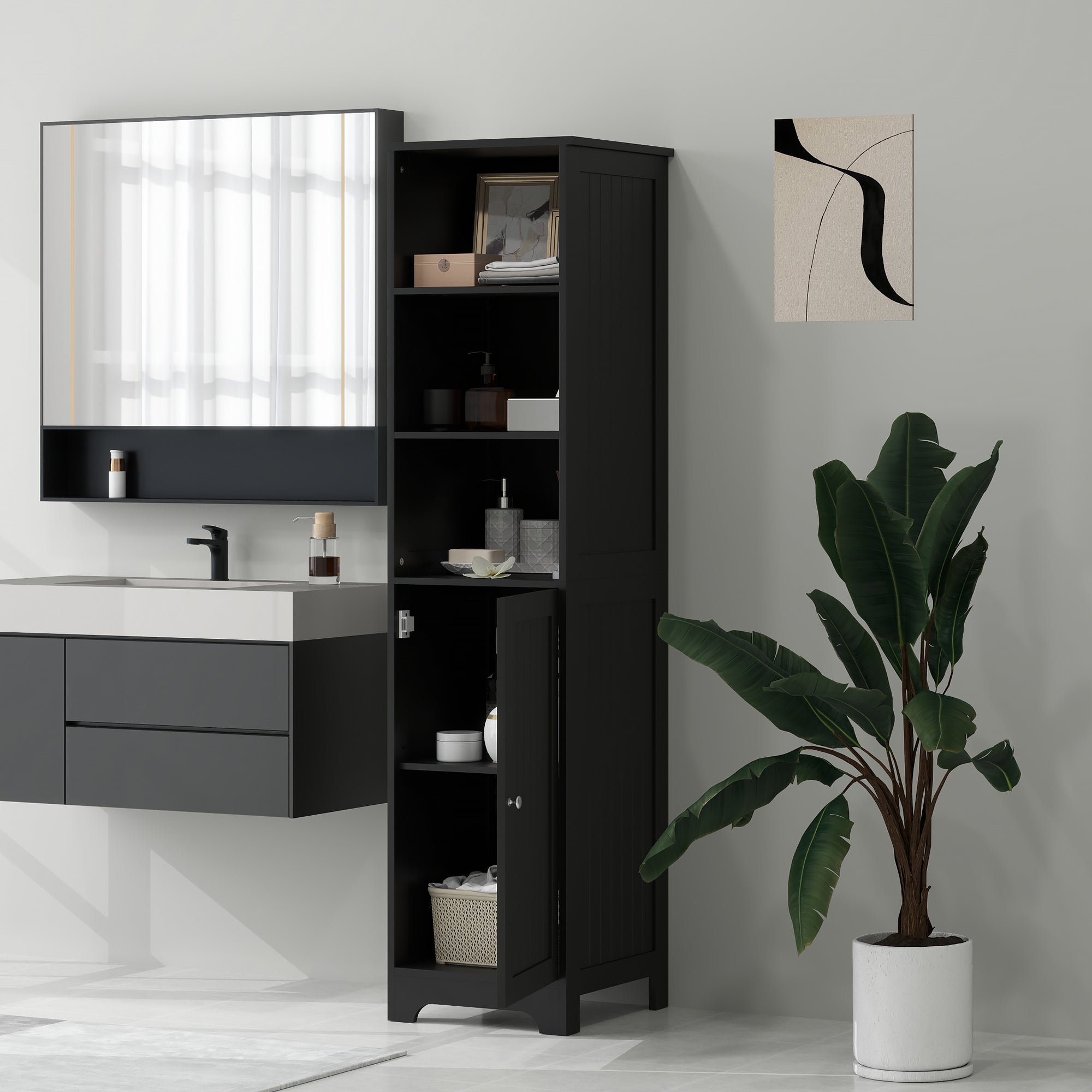 kleankin Narrow Bathroom Cabinet, Tall Bathroom Storage Cabinet, Freestanding Linen Cabinet with Adjustable Shelf, 3 Open Shelves, Black