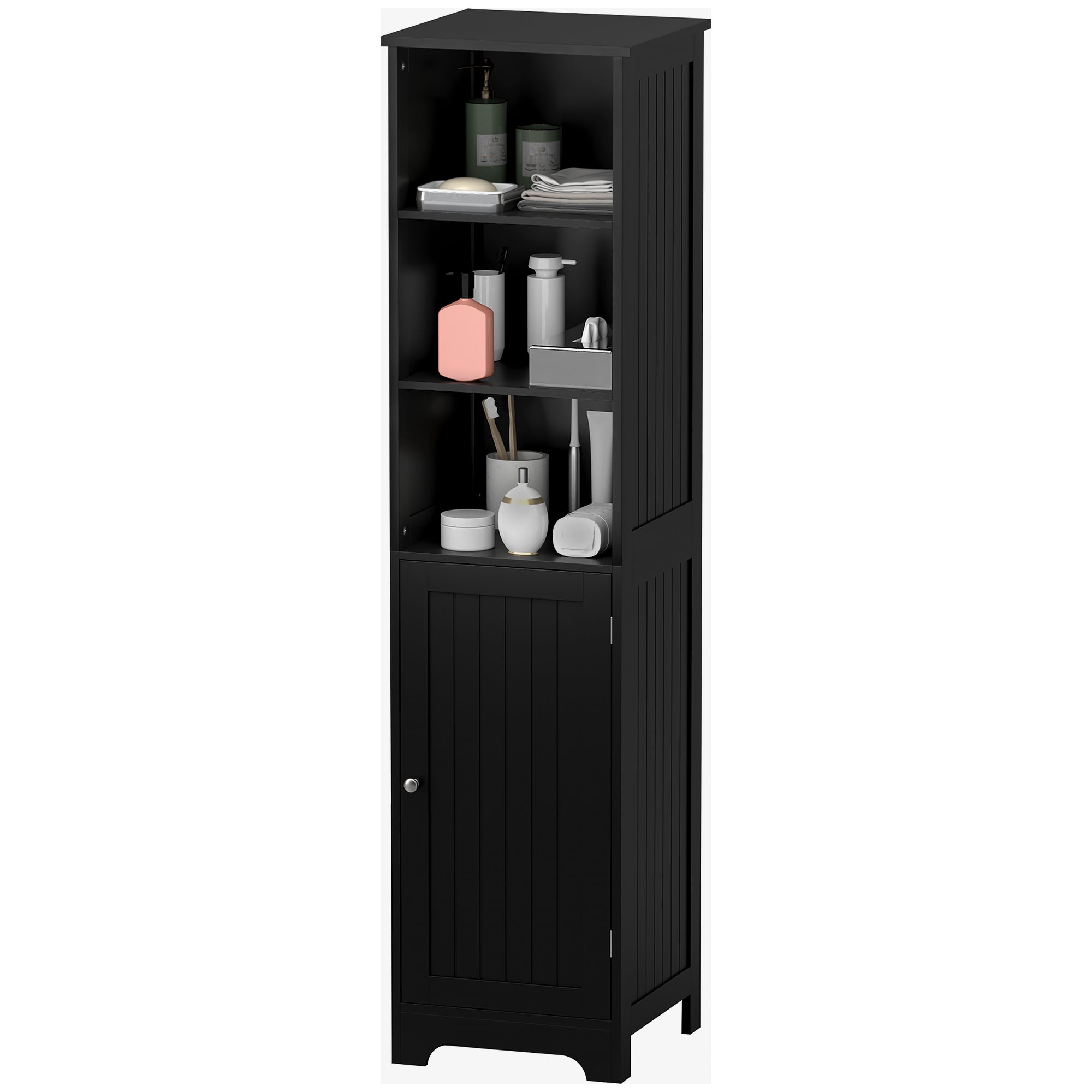 kleankin Narrow Bathroom Cabinet, Tall Bathroom Storage Cabinet, Freestanding Linen Cabinet with Adjustable Shelf, 3 Open Shelves, Black