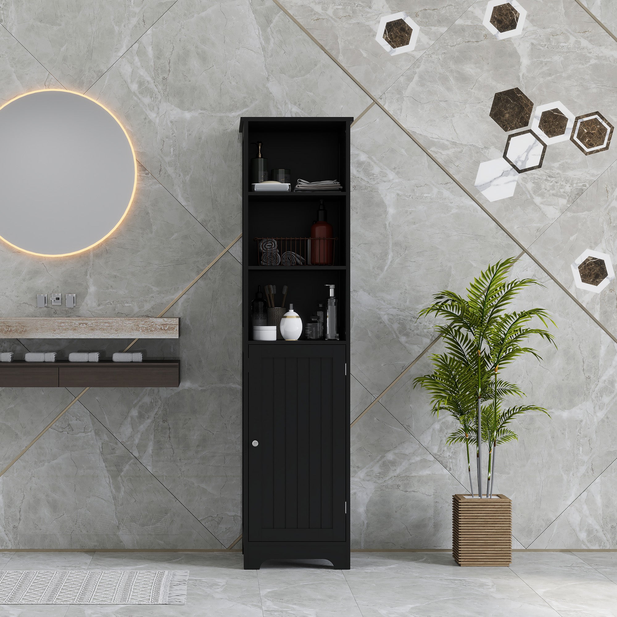 kleankin Narrow Bathroom Cabinet, Tall Bathroom Storage Cabinet, Freestanding Linen Cabinet with Adjustable Shelf, 3 Open Shelves, Black