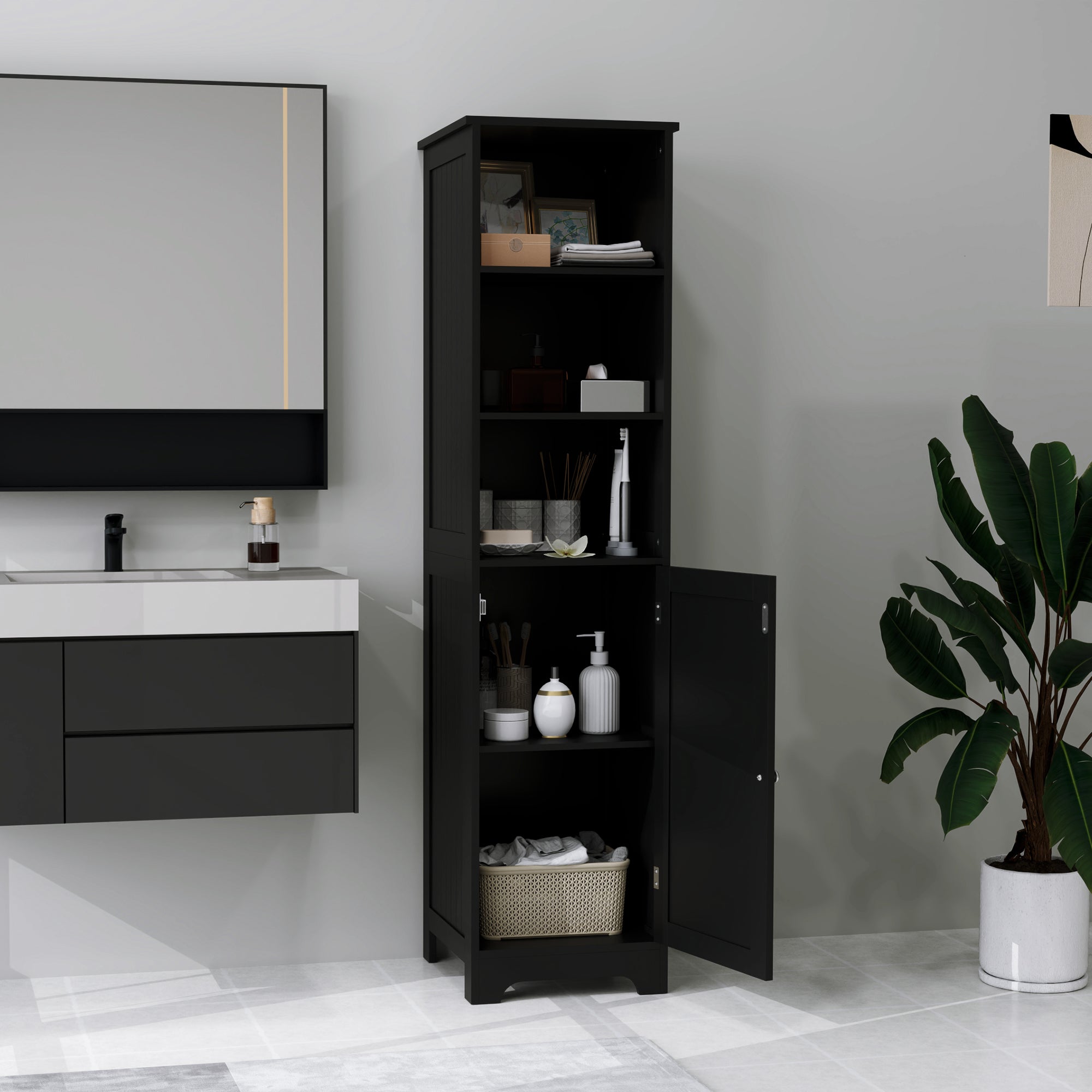kleankin Narrow Bathroom Cabinet, Tall Bathroom Storage Cabinet, Freestanding Linen Cabinet with Adjustable Shelf, 3 Open Shelves, Black