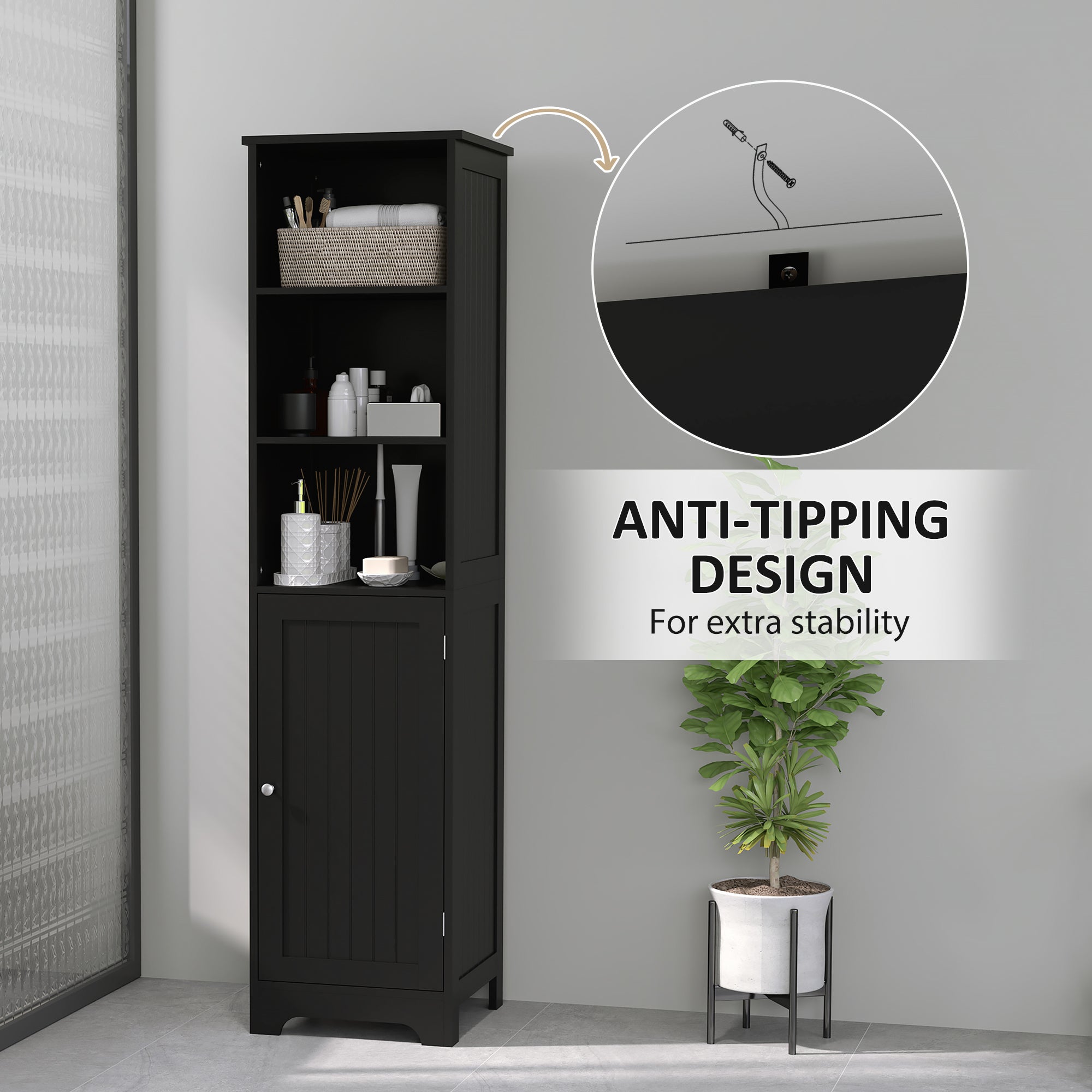 kleankin Narrow Bathroom Cabinet, Tall Bathroom Storage Cabinet, Freestanding Linen Cabinet with Adjustable Shelf, 3 Open Shelves, Black