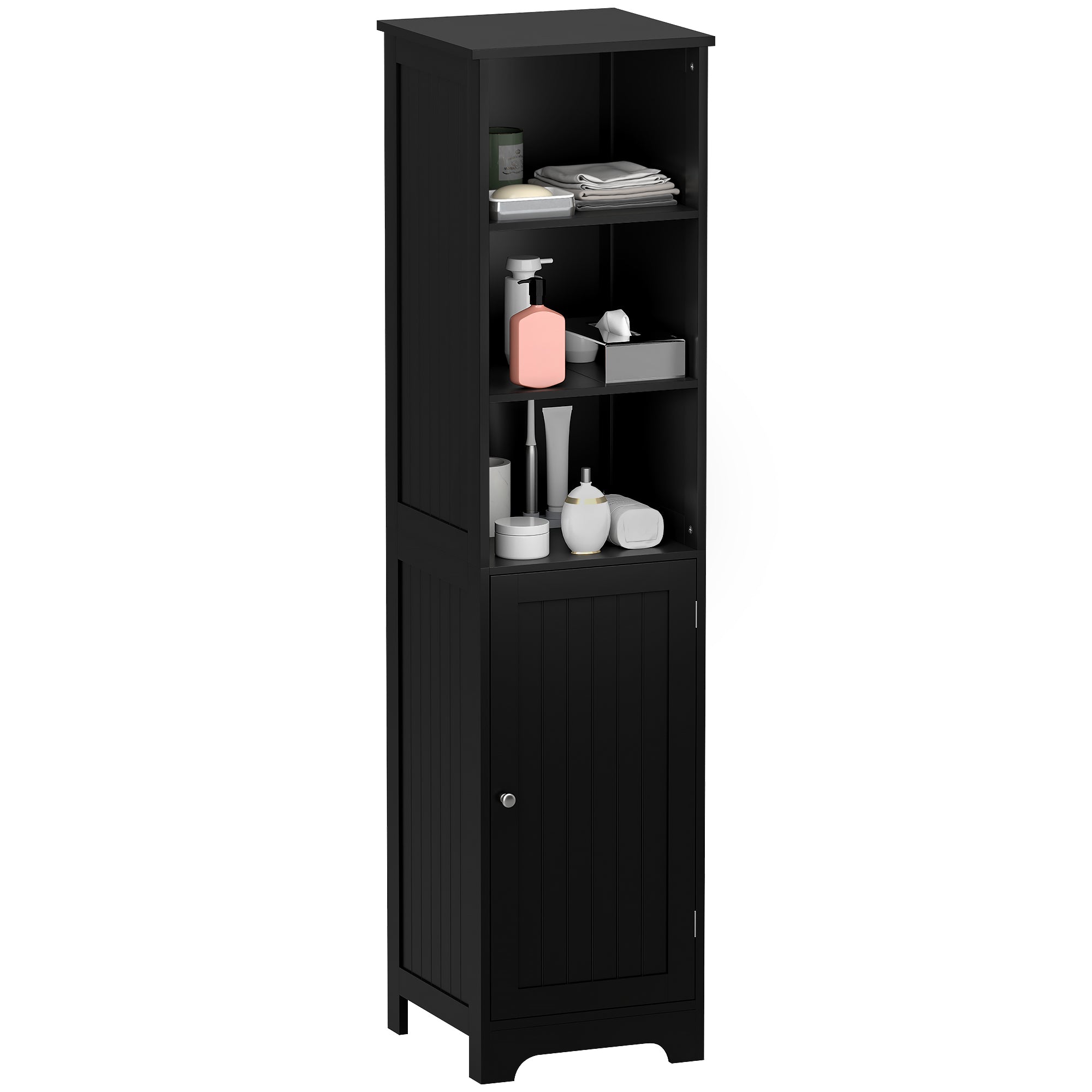 kleankin Narrow Bathroom Cabinet, Tall Bathroom Storage Cabinet, Freestanding Linen Cabinet with Adjustable Shelf, 3 Open Shelves, Black